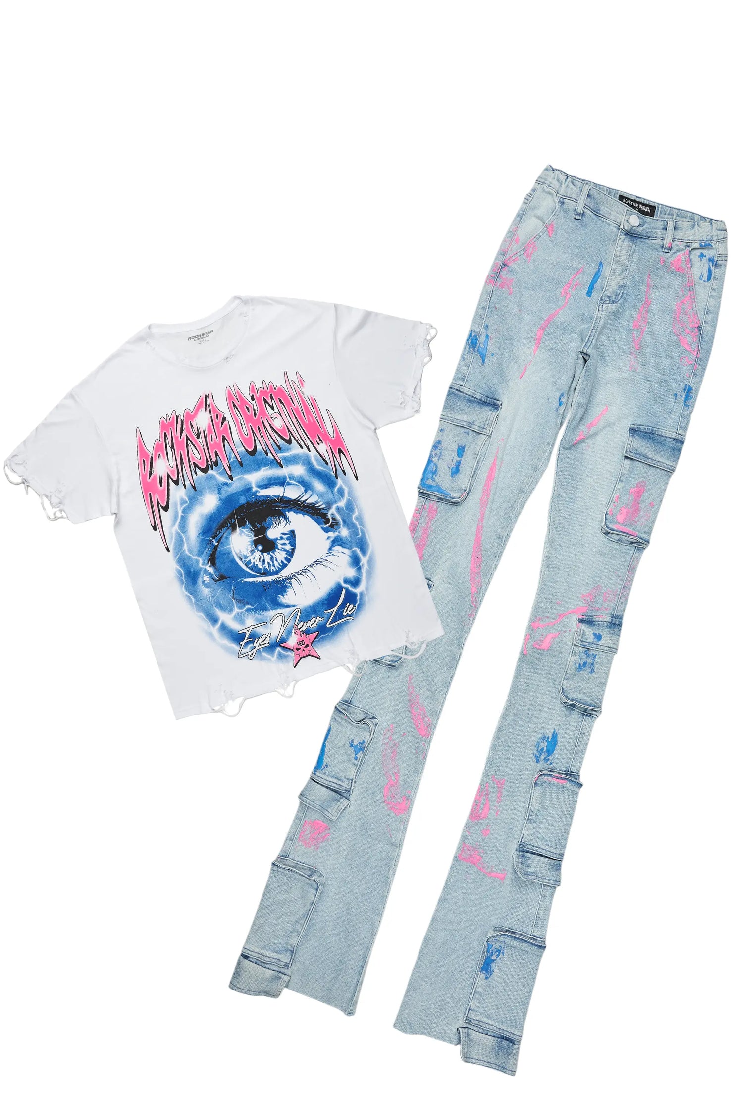 Jakeisha White/Blue T-Shirt/Super Stacked Jean Set