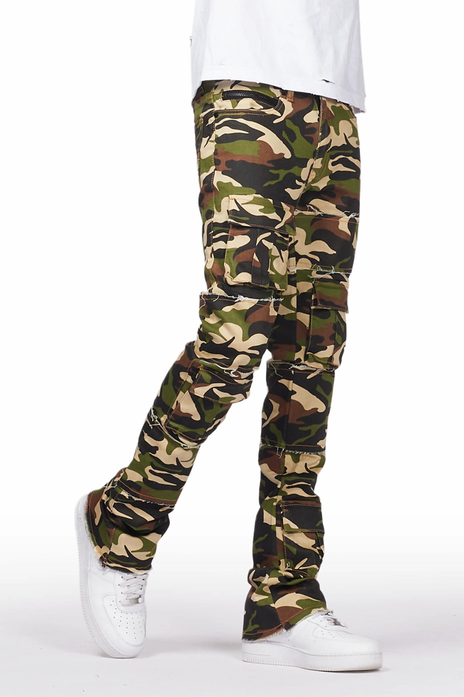 Duggar Green Camo Cargo Stacked Flare Jean