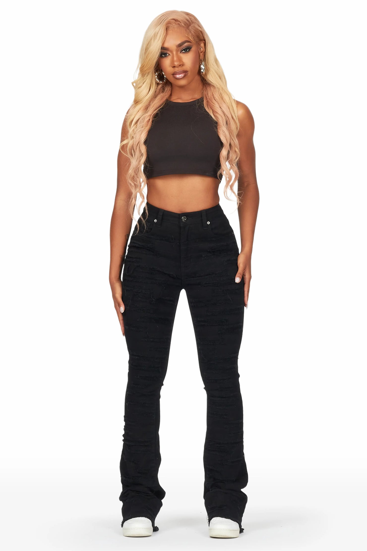 Raeven Black Stacked Flare Jean