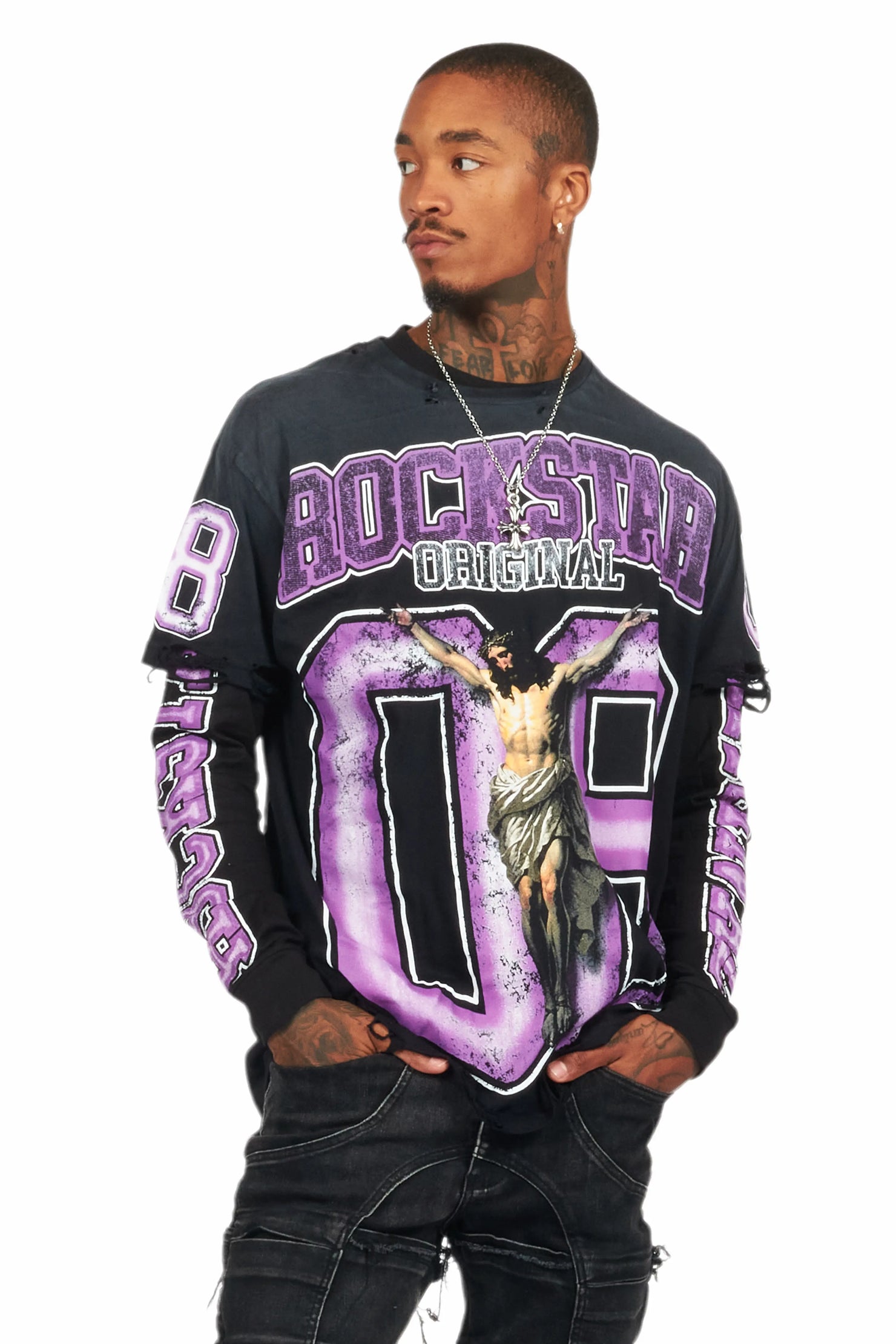 Fields Black/Purple Double Layer Long Sleeve Graphic T-Shirt