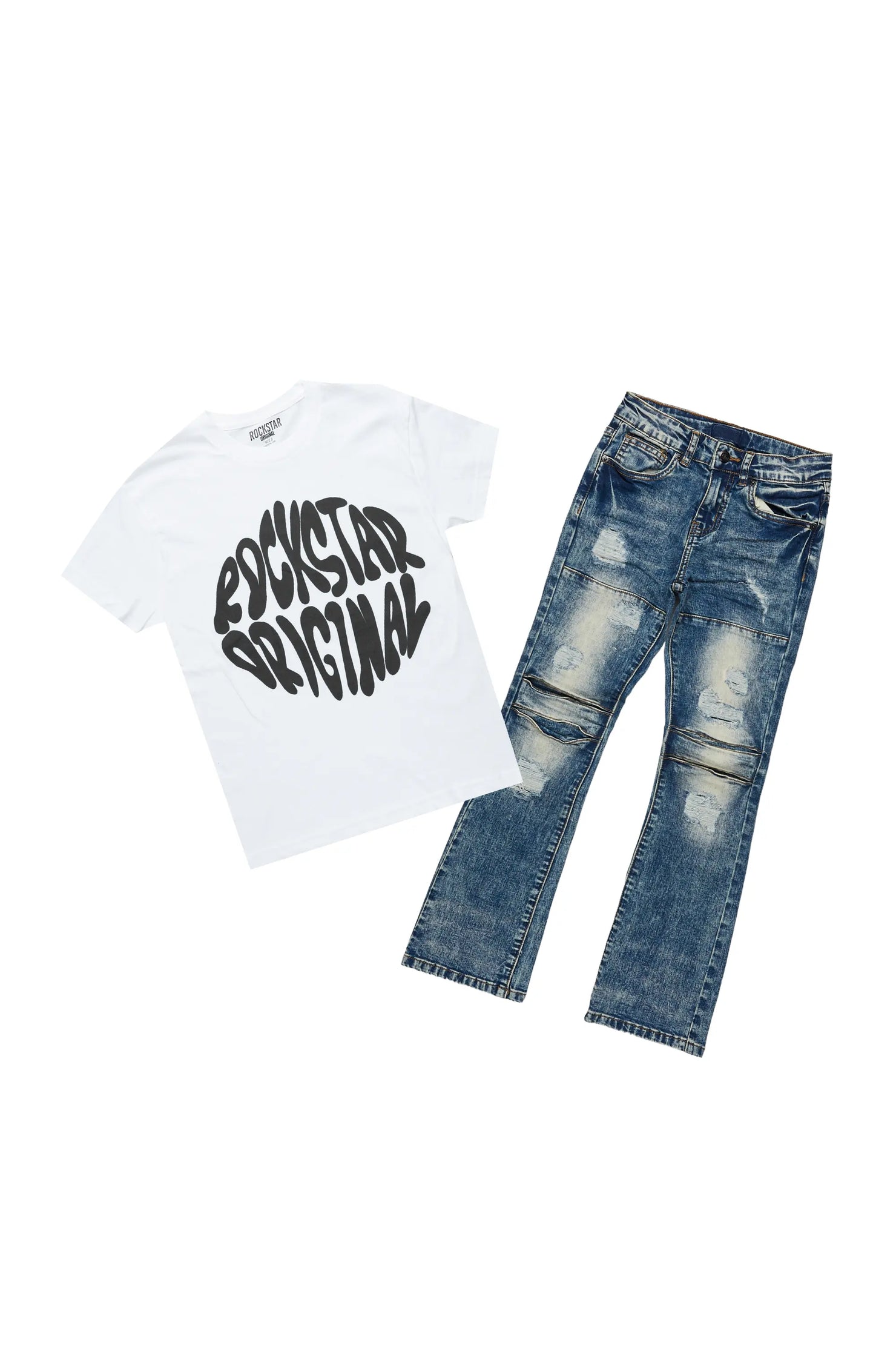 Boys Zaman White T-Shirt/Stacked Flare Jean Set