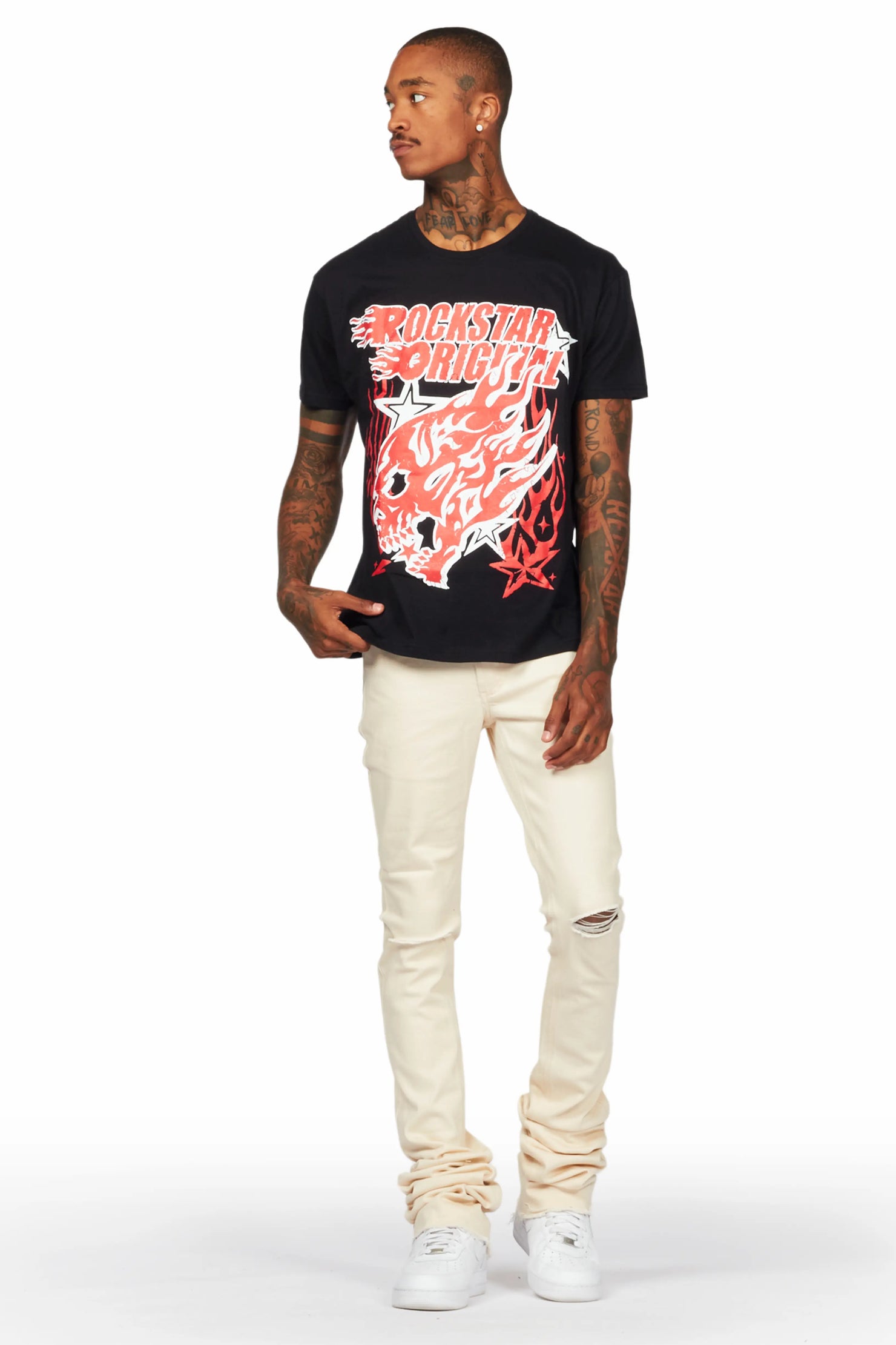 Smitty Black T-Shirt & Josiah Beige Super Stacked Flare Jean Bundle