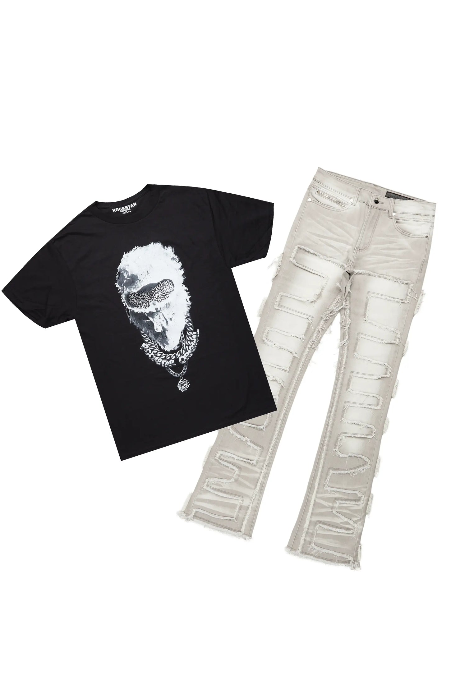 Ponce Black T-Shirt & Shake Grey Stacked Flare Jean Bundle