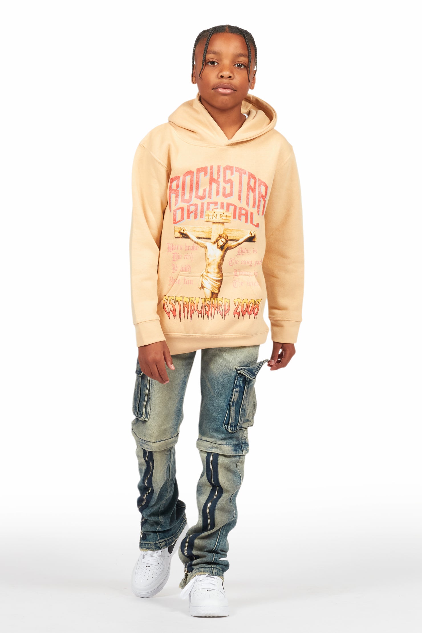 Boys Hayes Beige Hoodie/Stacked Flare Jean Set