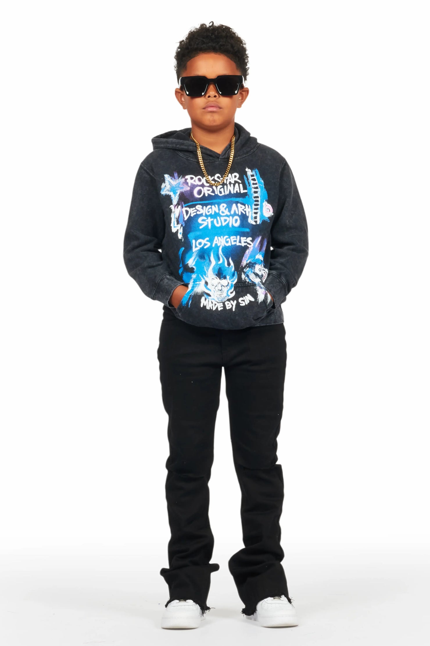 Boys Soweto Vintage Black Hoodie/Stacked Flare Jean Set