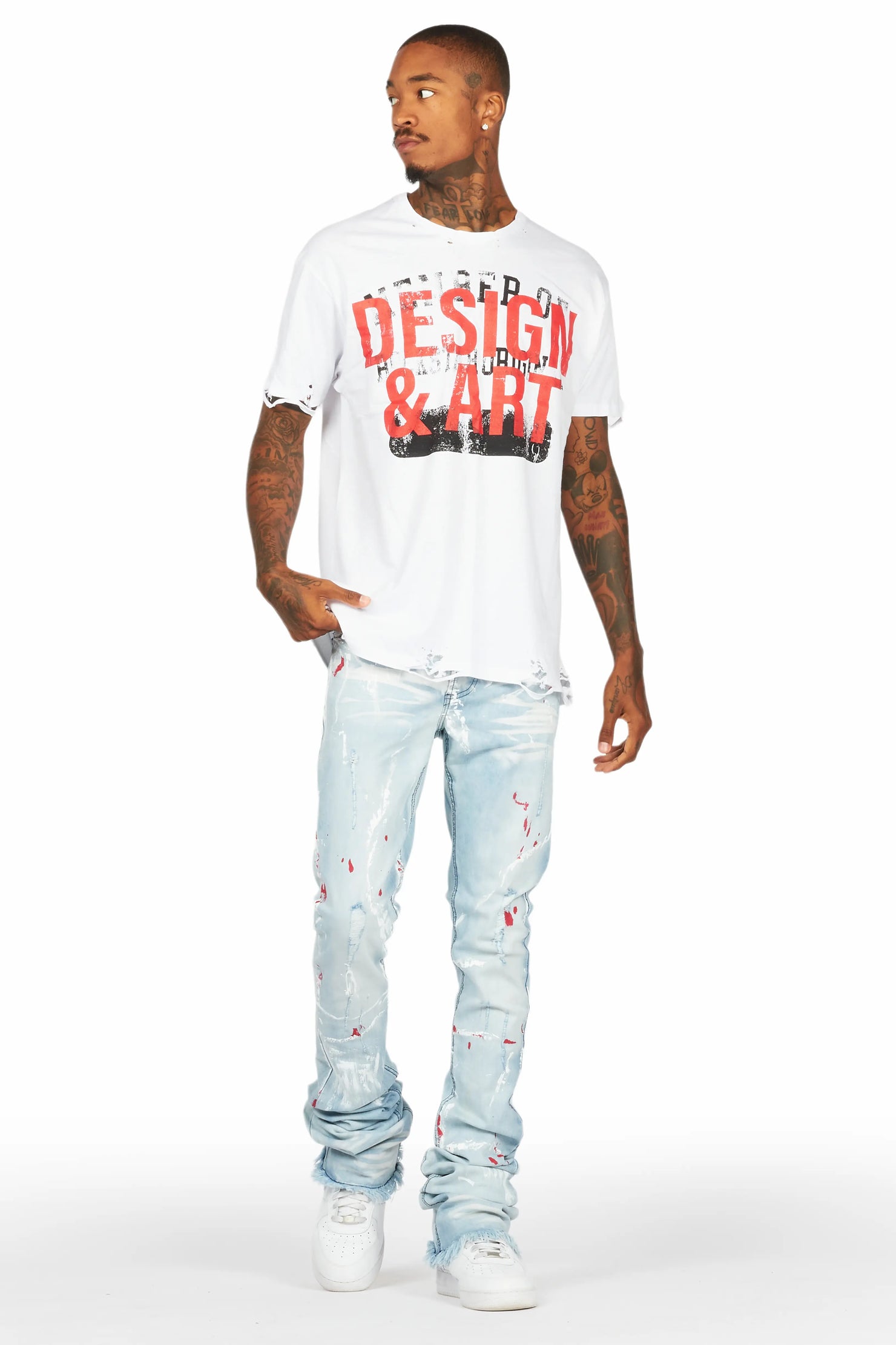 Magar White T-Shirt/Super Stacked Flare Jean Set