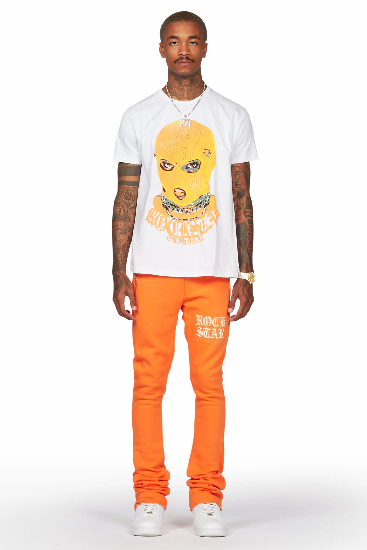 Murdra White/Orange T-Shirt/Stacked Flare Pant Set