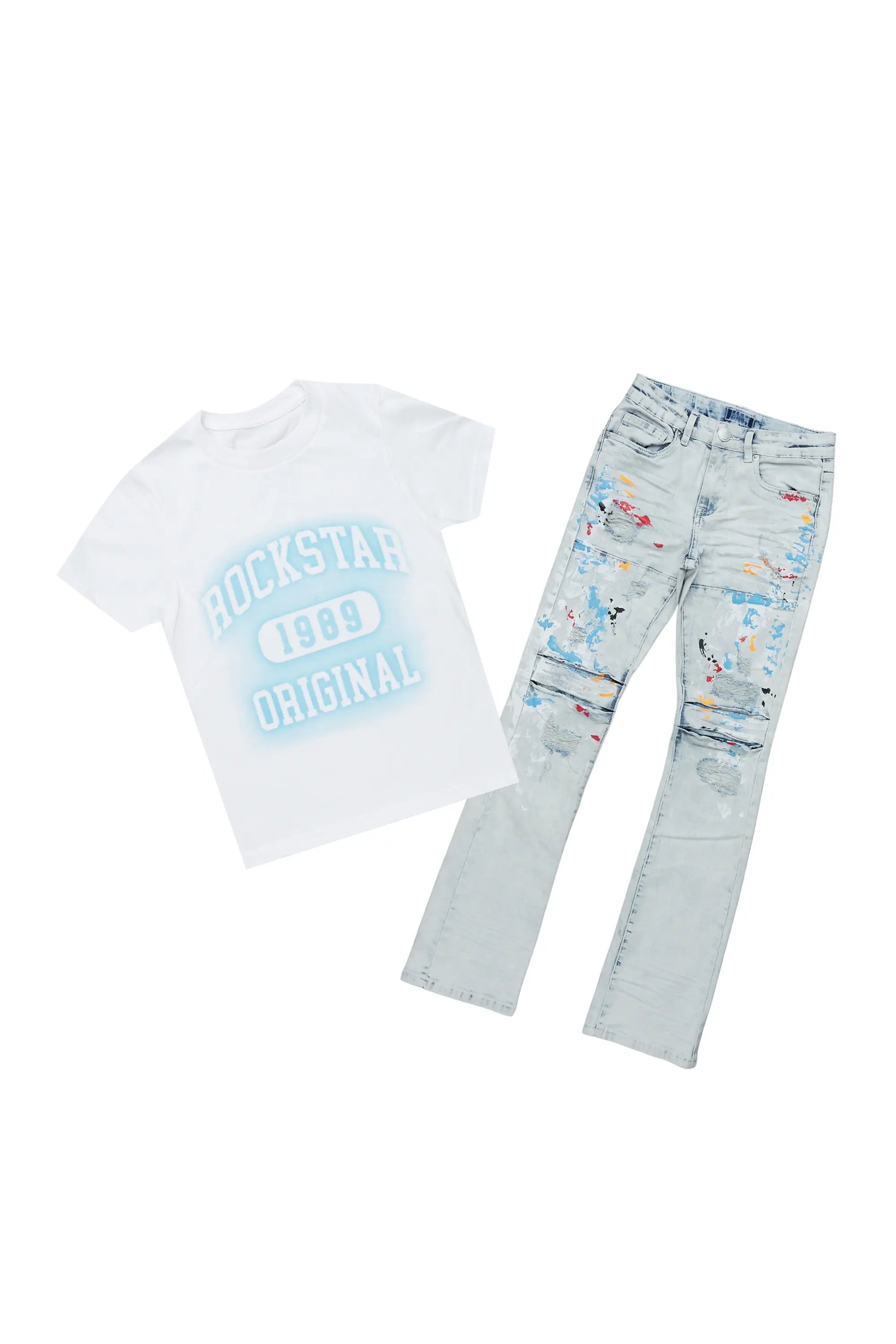 Boys Urian White/Blue T-Shirt/Stacked Flare Jean Set