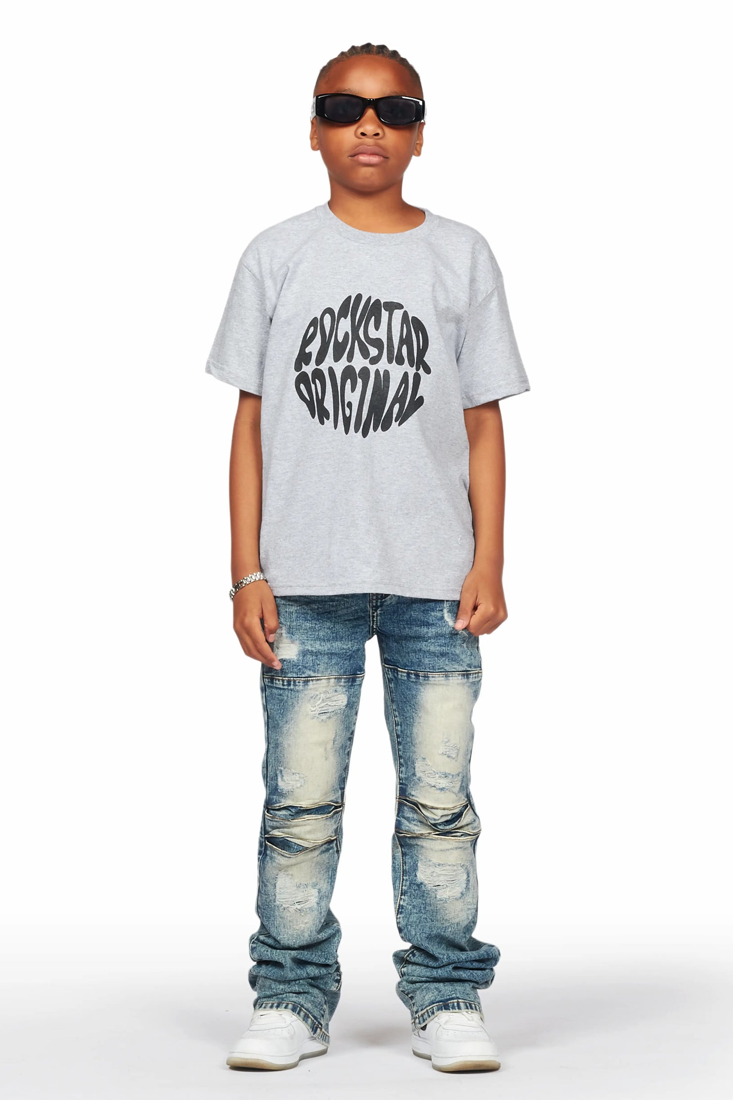 Boys Zaman Grey T-Shirt/Stacked Flare Jean Set