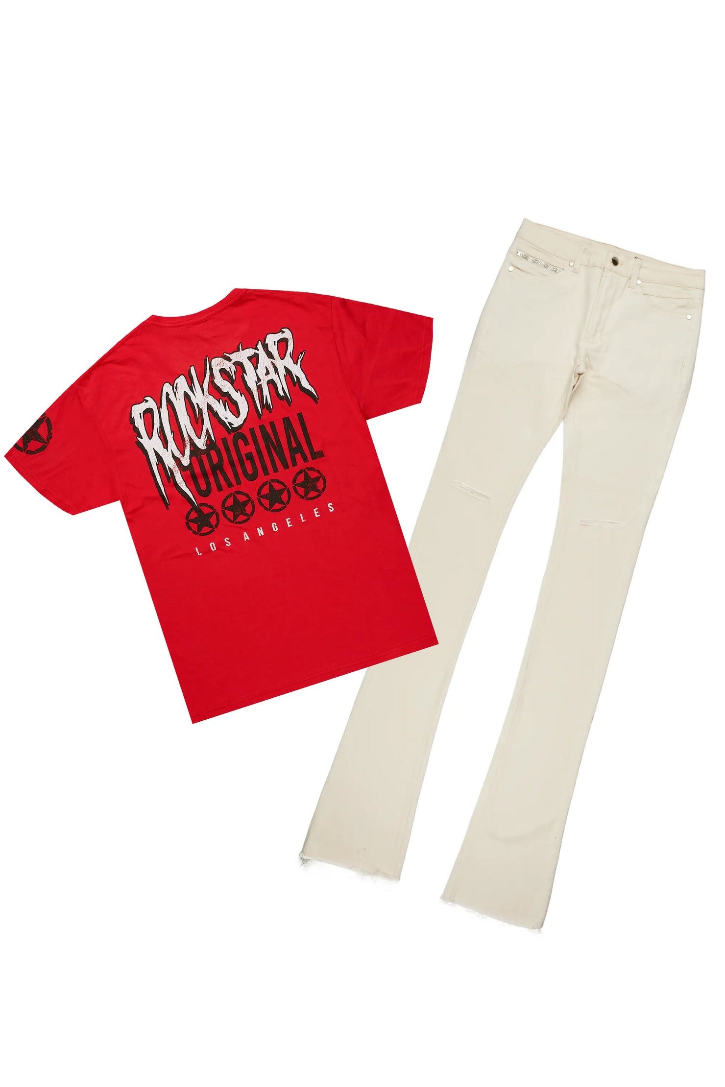 Wizzurd Red T-Shirt & Josiah Beige Super Stacked Flare Jean Bundle