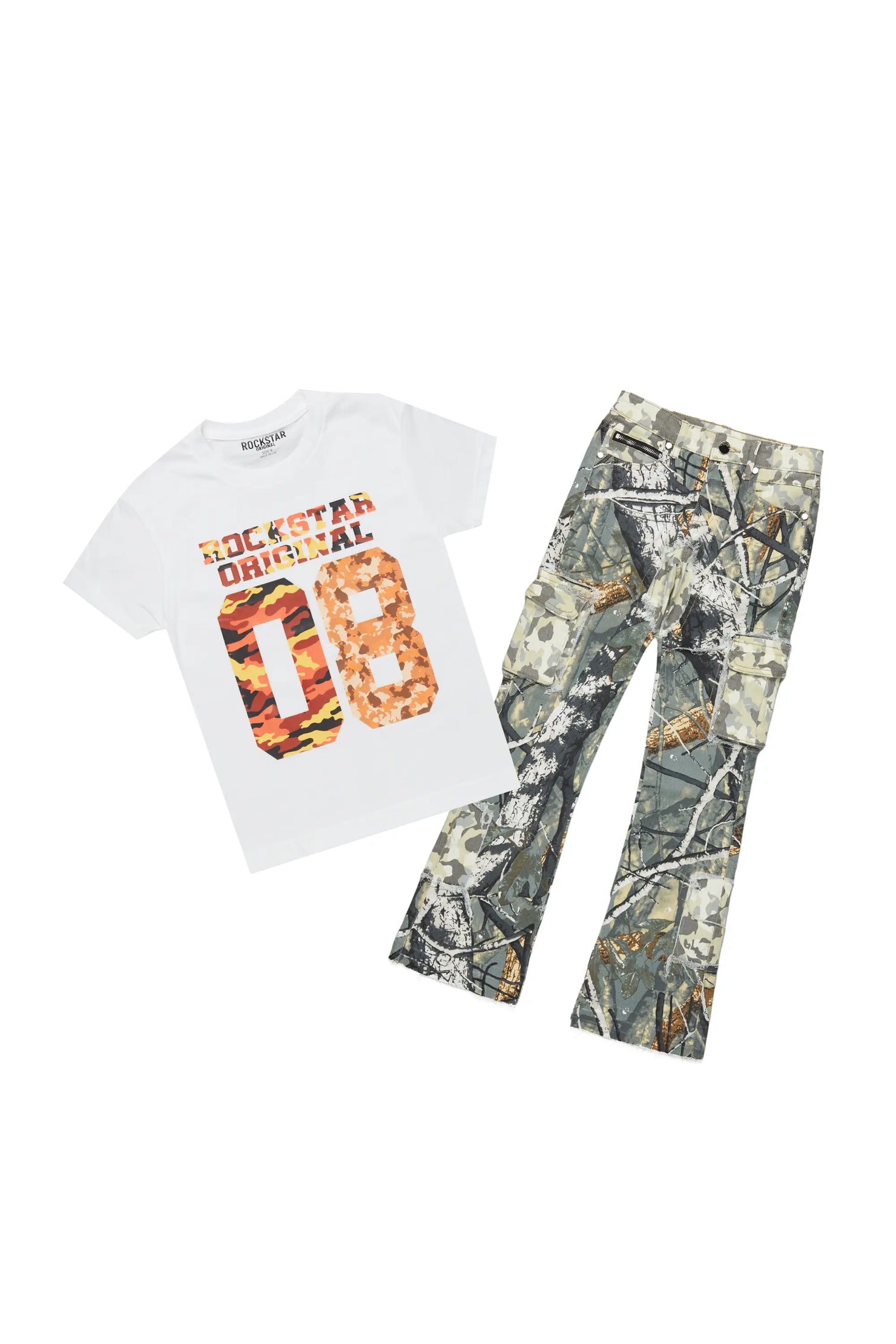 Boys Cassian Tree Camo T-Shirt/Stacked Flare Jean Set