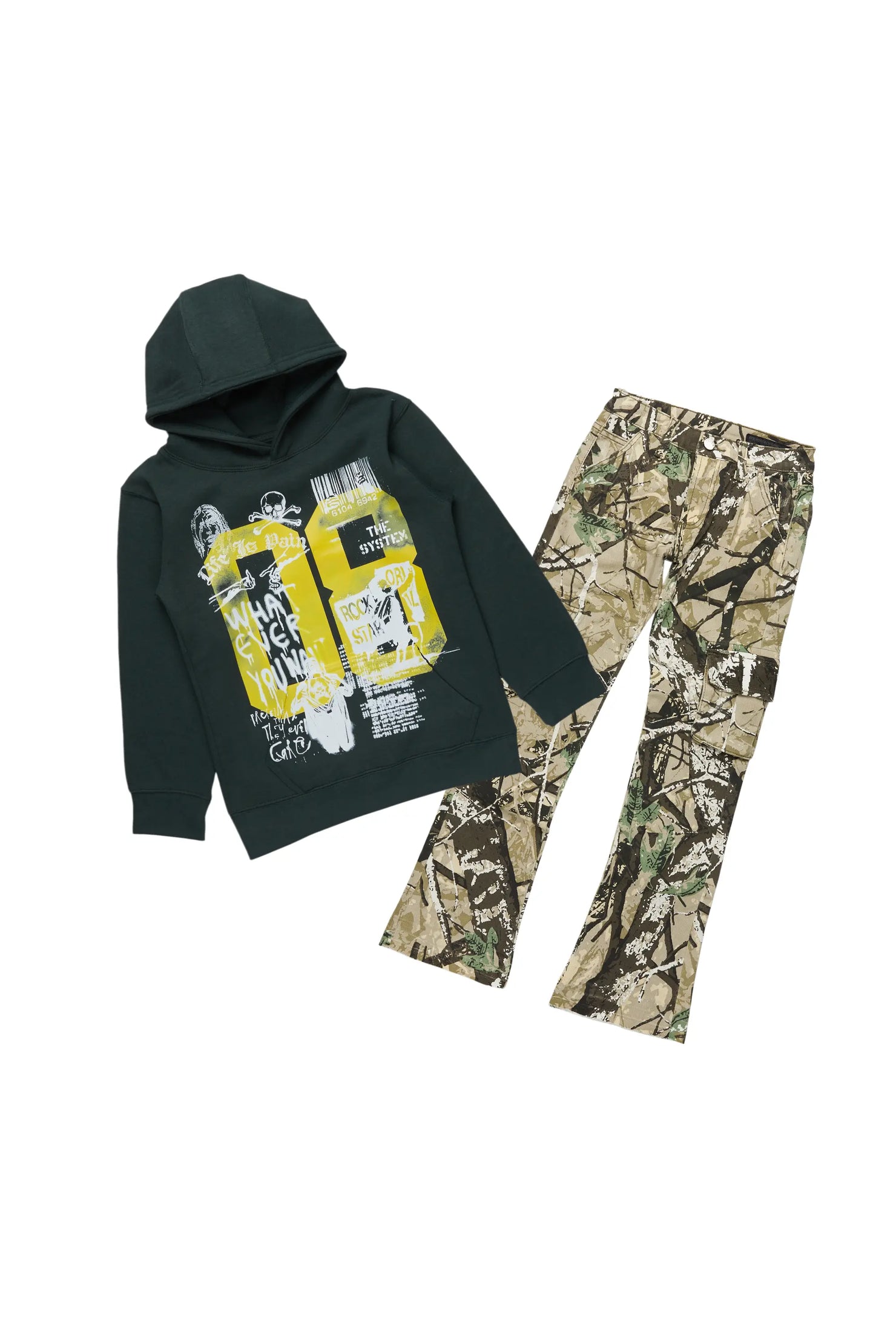 Boys Beau Dark Green Hoodie/Stacked Flare Jean Set