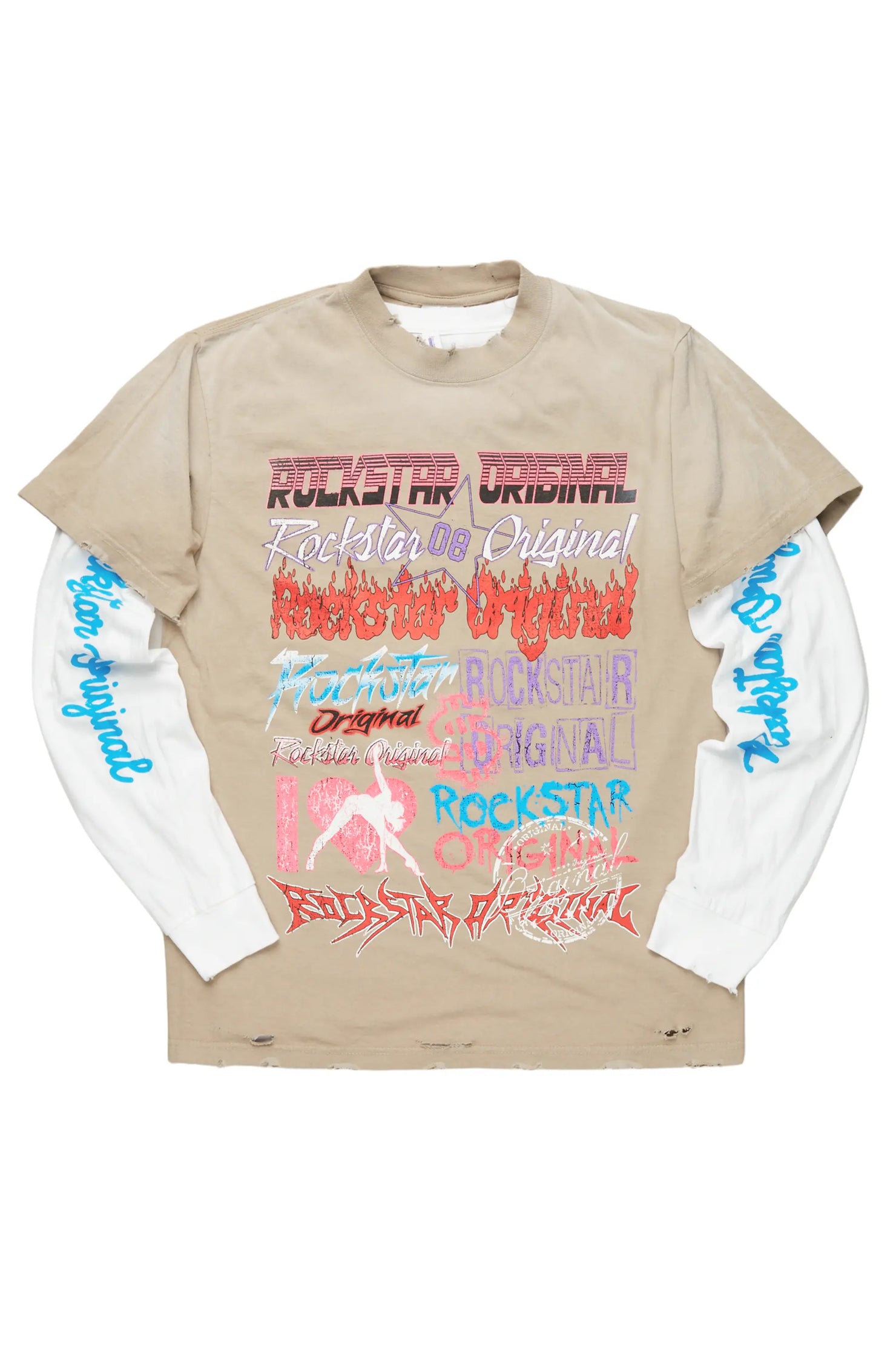 Floridabolous Beige/White Double Layer Long Sleeve Graphic T-Shirt