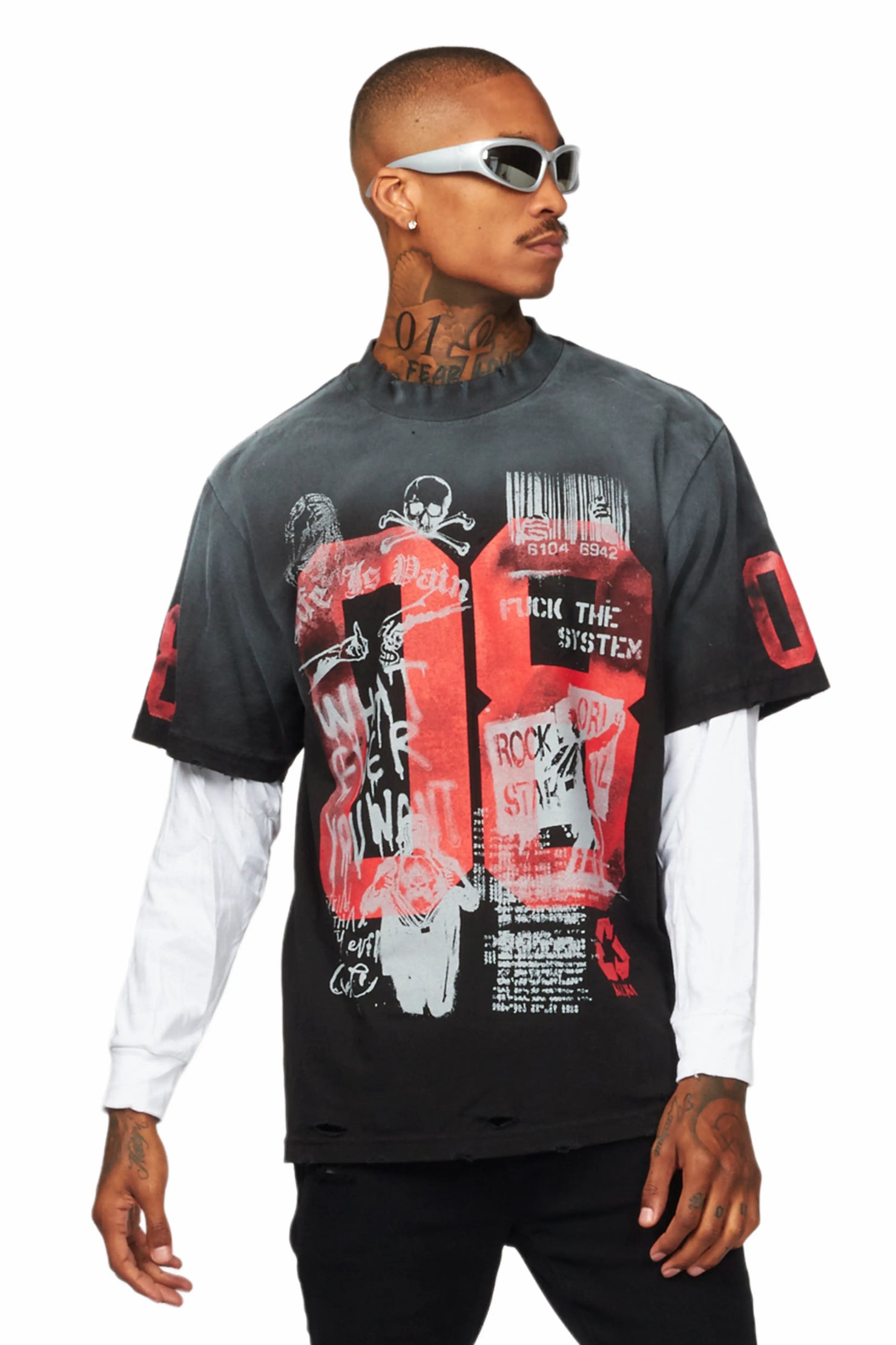 Grill Black Double Layer Long Sleeve Graphic T-Shirt