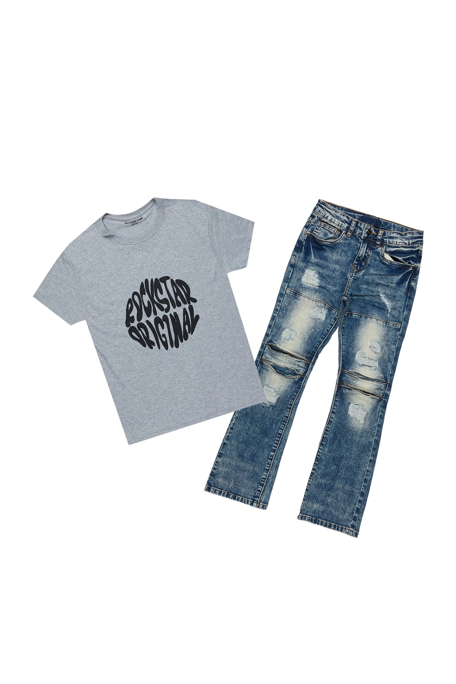 Boys Zaman Grey T-Shirt/Stacked Flare Jean Set