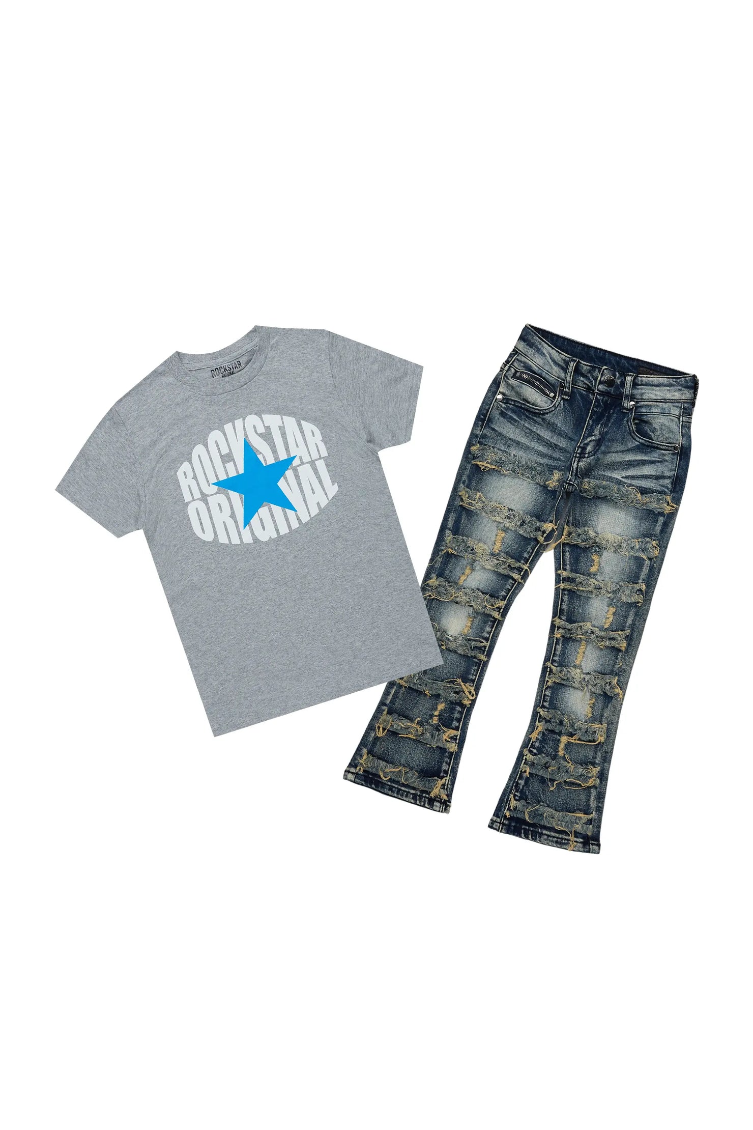 Boys Ezra Grey/Rustic Blue T-Shirt/Stacked Flare Jean Set