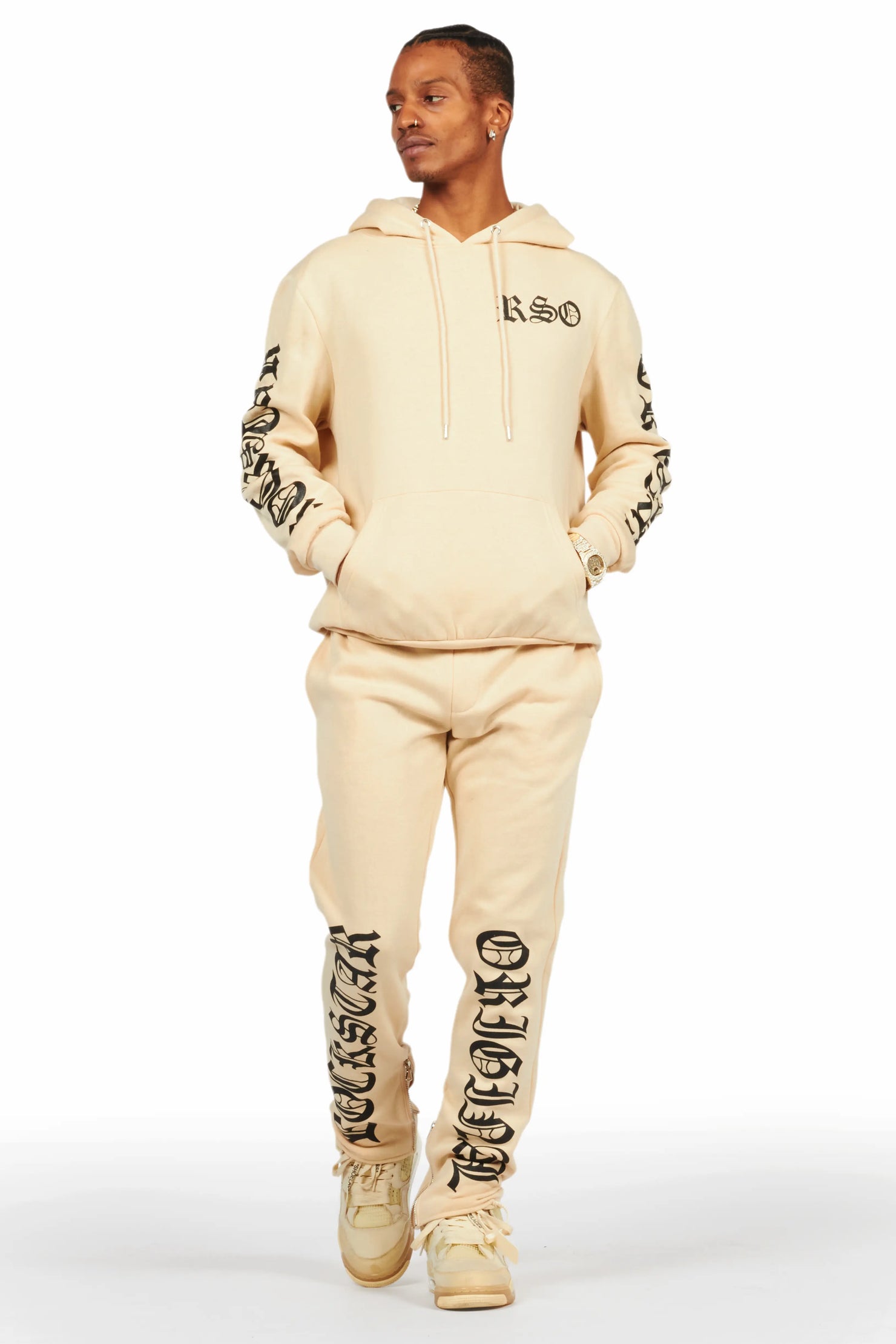 Alonzo Beige Slim Fit Hoodie Track Set