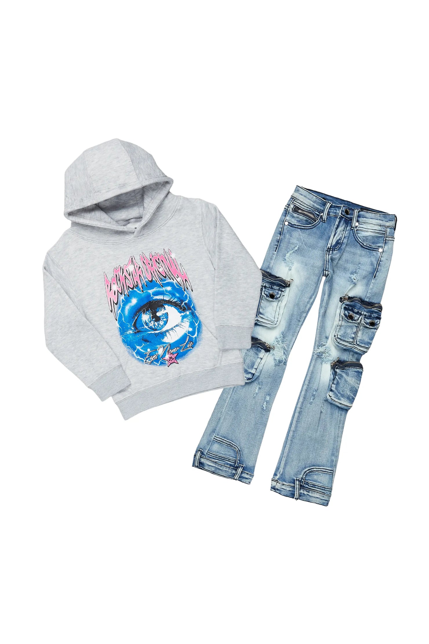 Girls Alie Grey/Blue Hoodie/Stacked Flare Jean Set