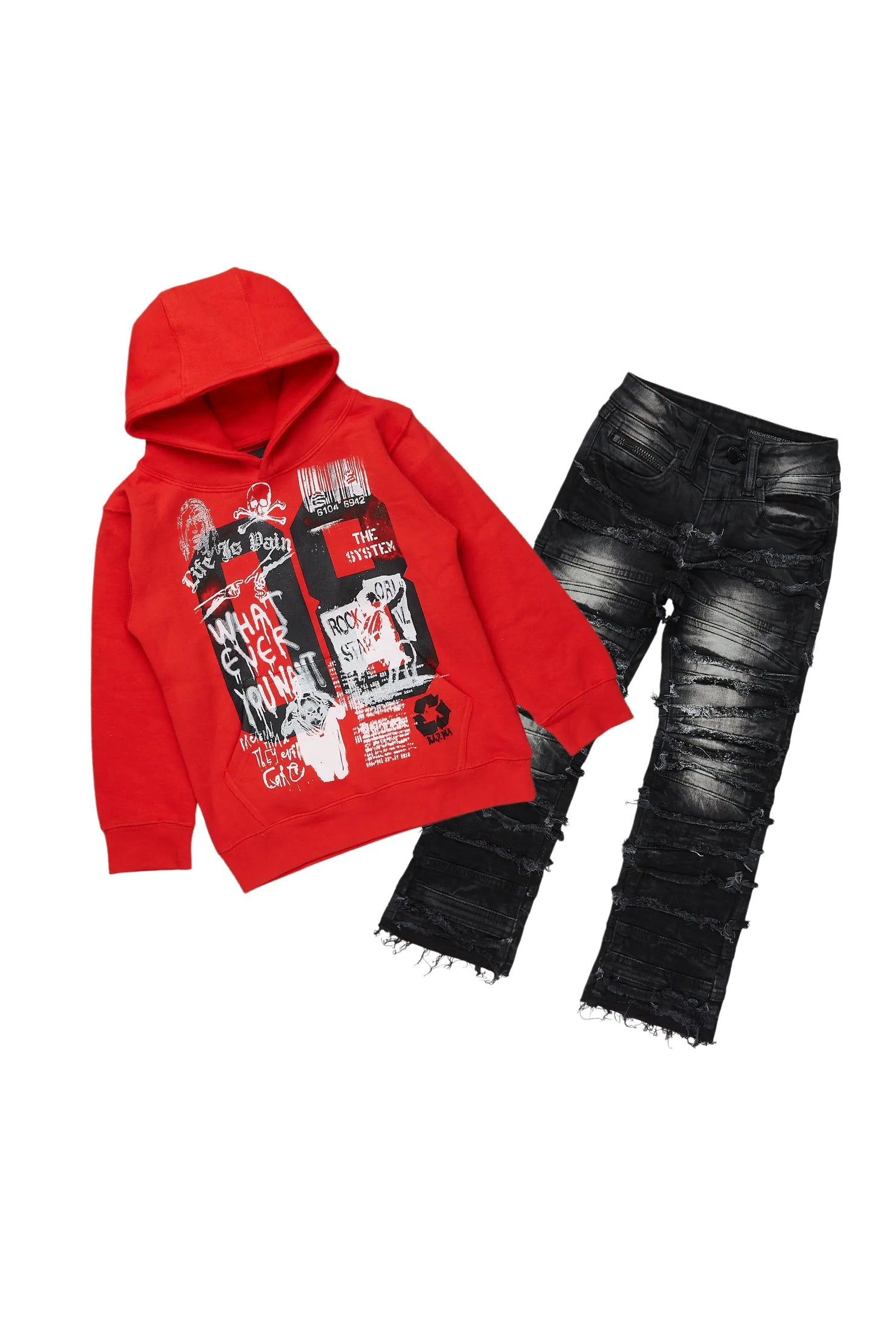 Boys Beau Red/Black Hoodie/Stacked Flare Jean Set