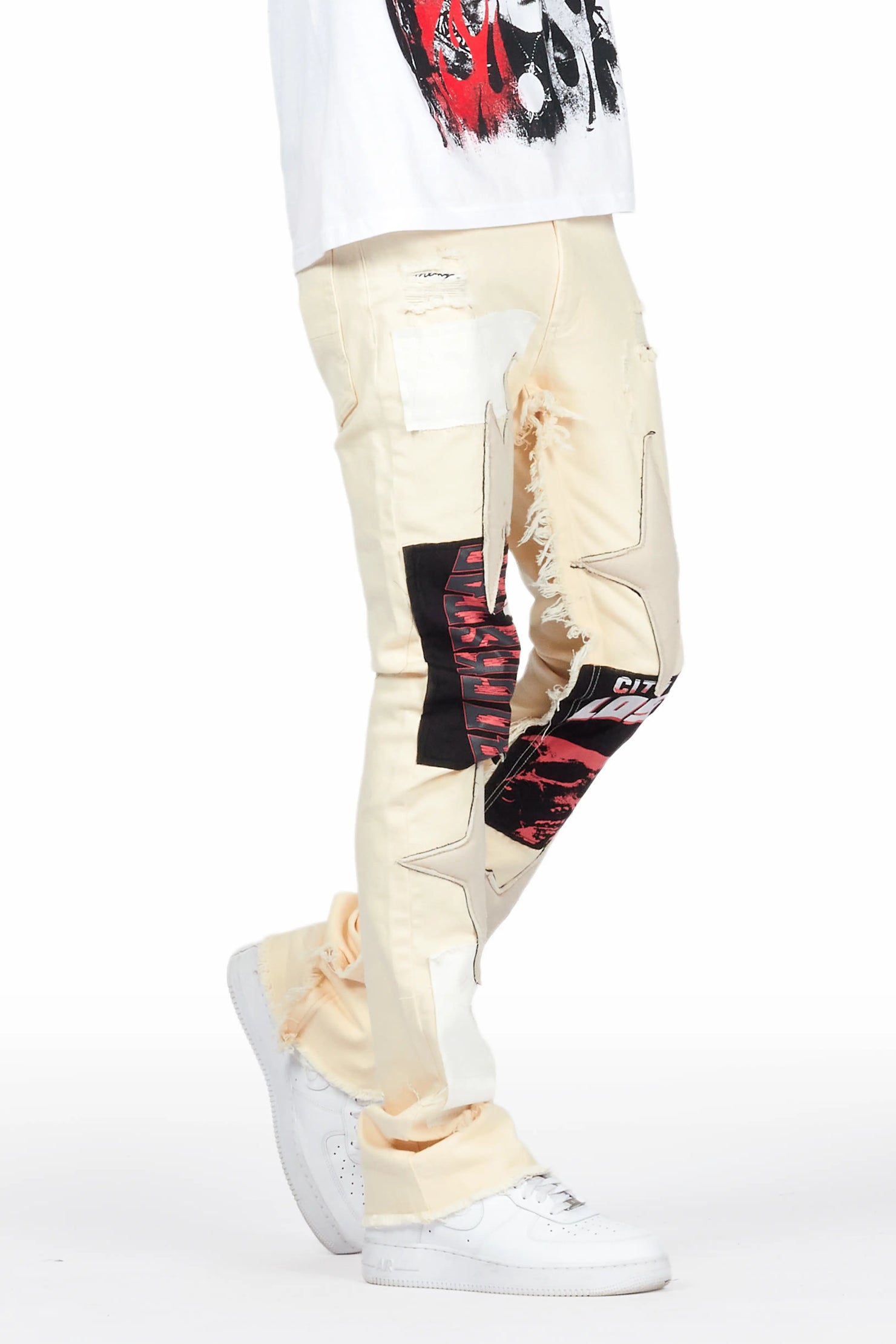 Rhys Beige Patchwork Stacked Flare Jean