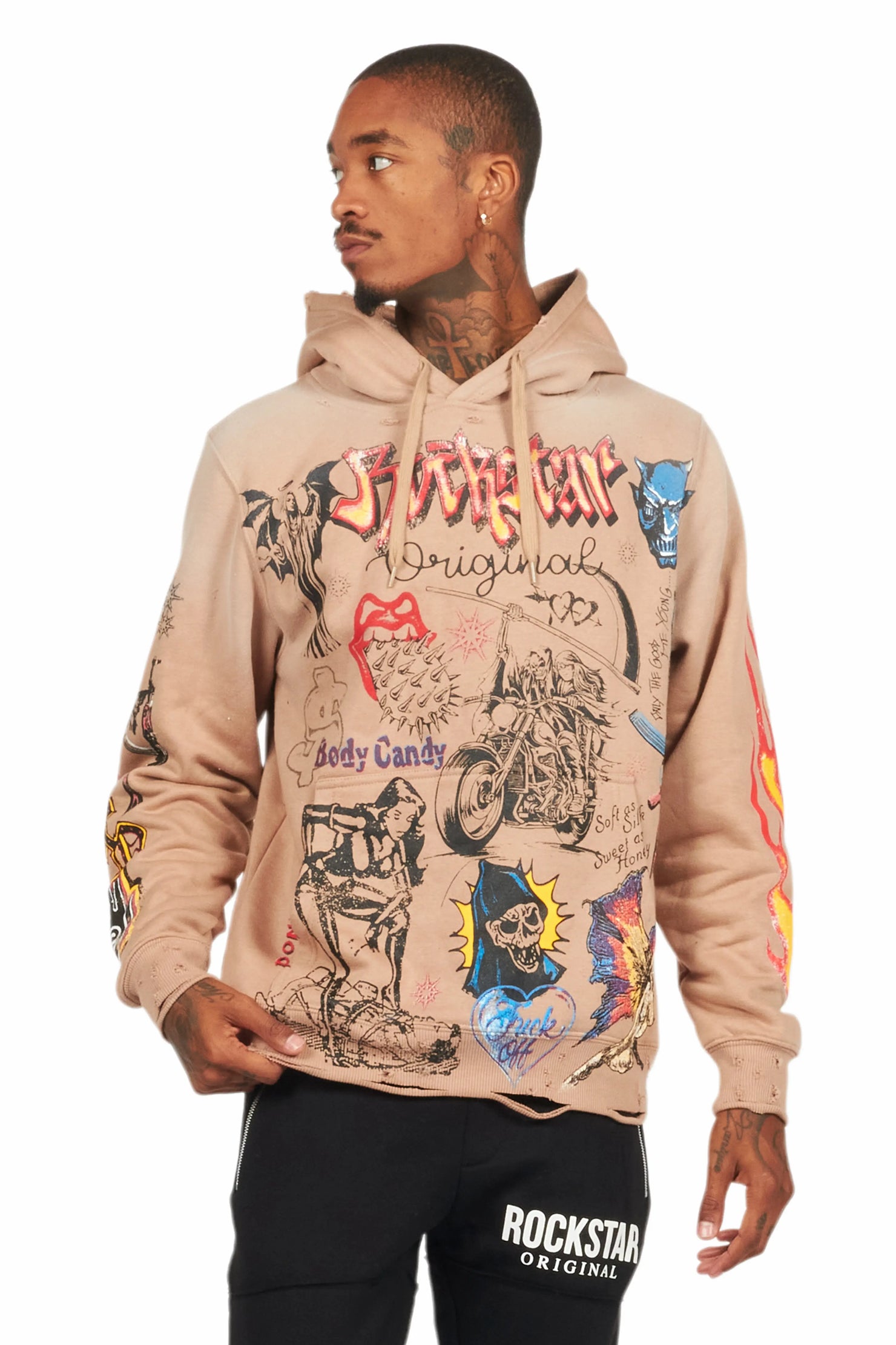 Shoota Beige Distressed Graphic Hoodie