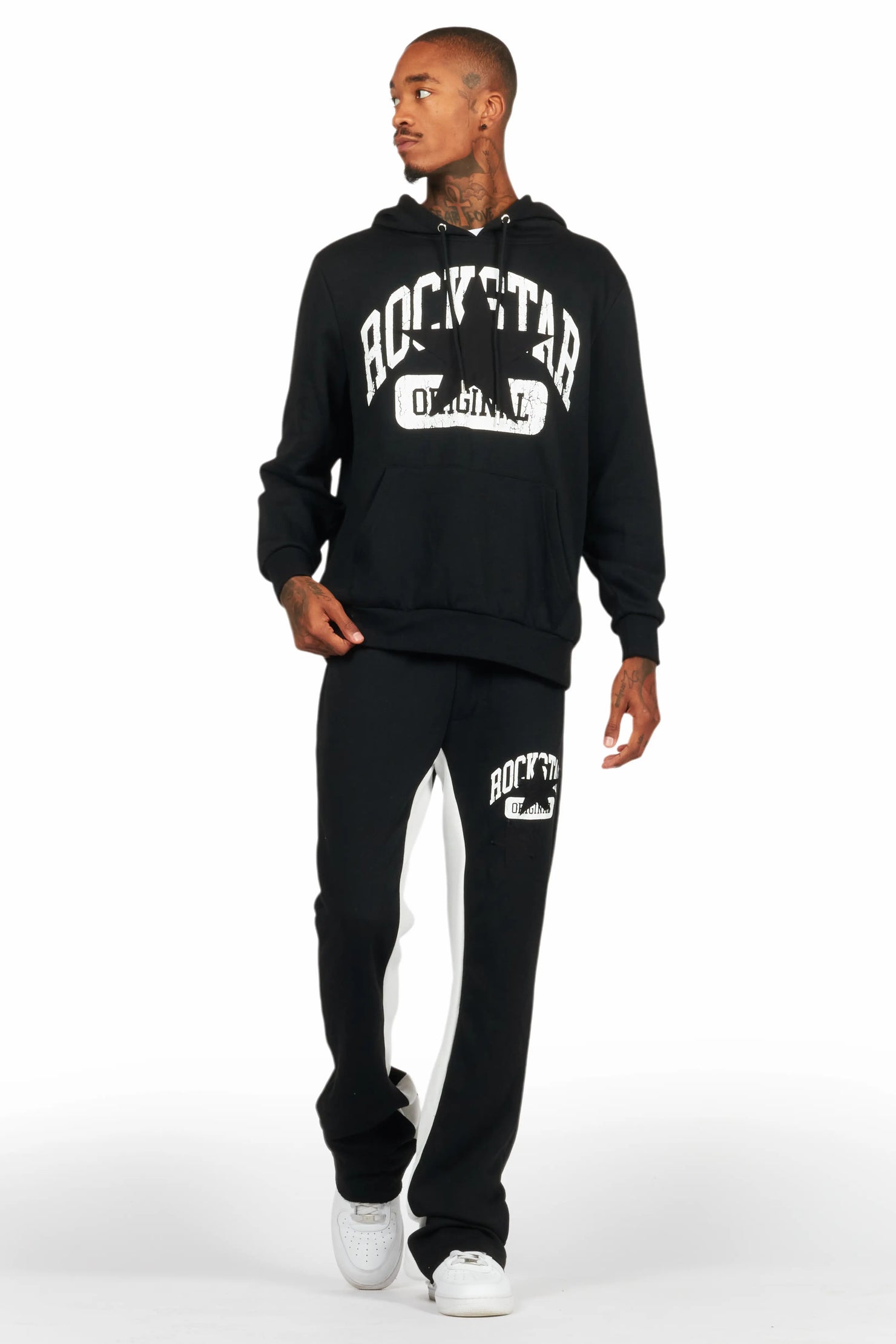 Mallor Black/White Baggy Stacked Hoodie Track Set