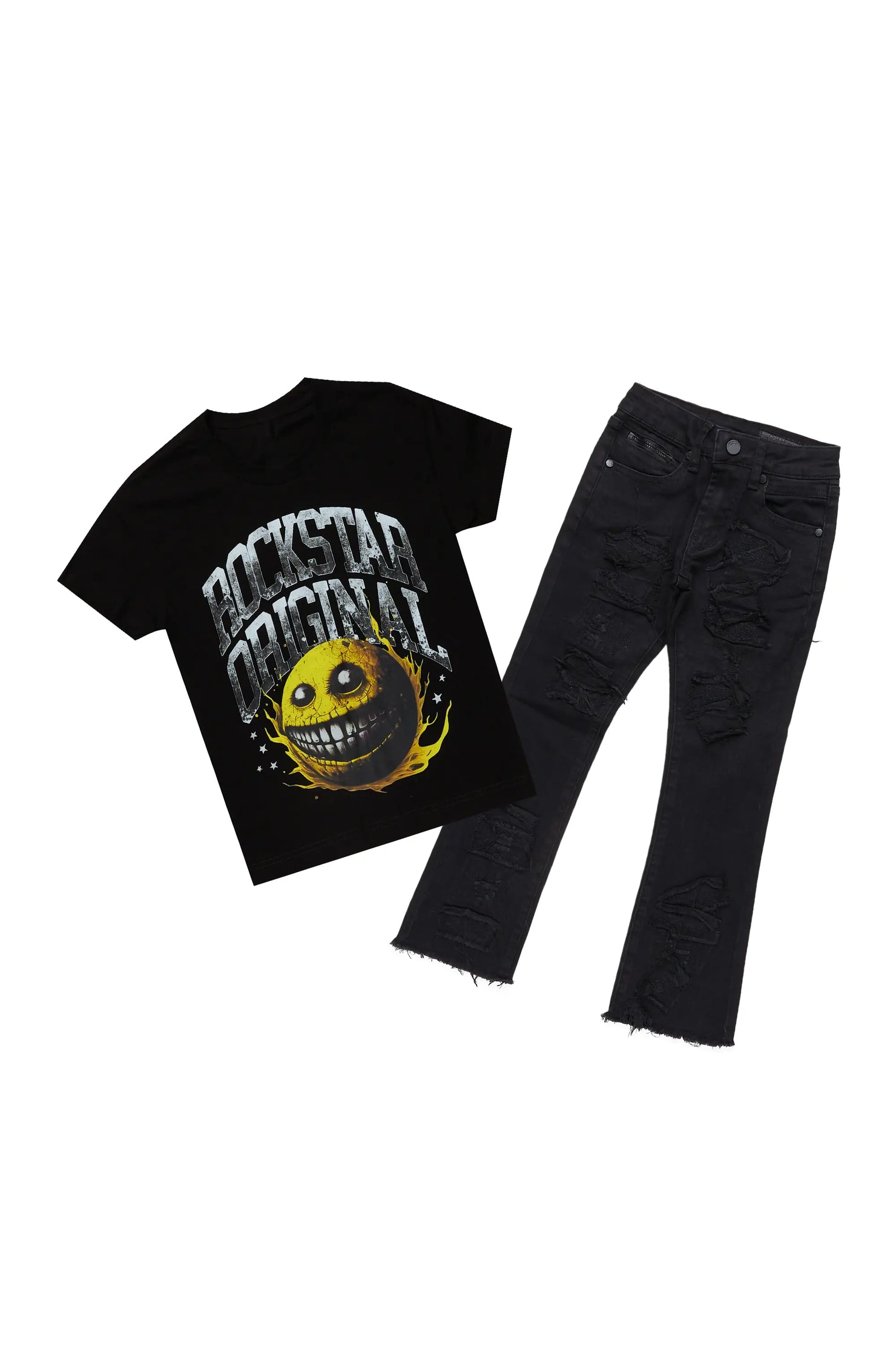 Boys Waylen Black T-Shirt/Stacked Flare Jean Set