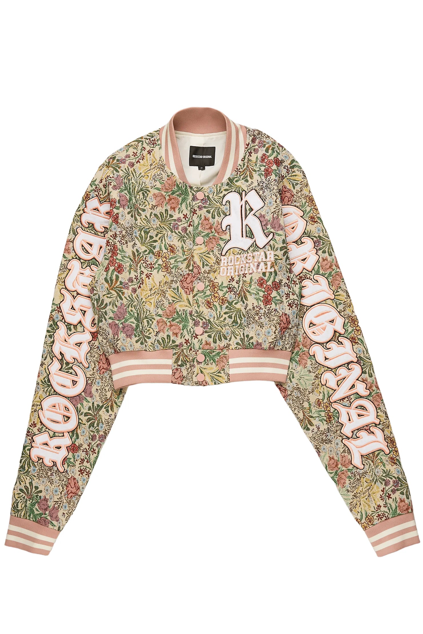 Tamia Beige Crop Tapestry Varsity Jacket