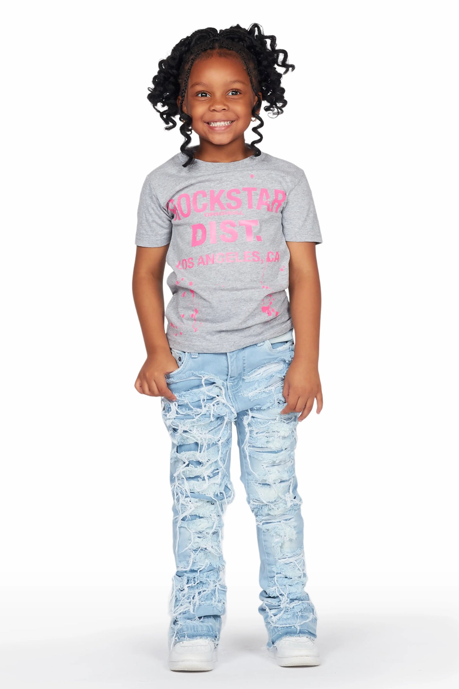 Girls Genie Grey/Blue T-Shirt/Stacked Flare Jean Set