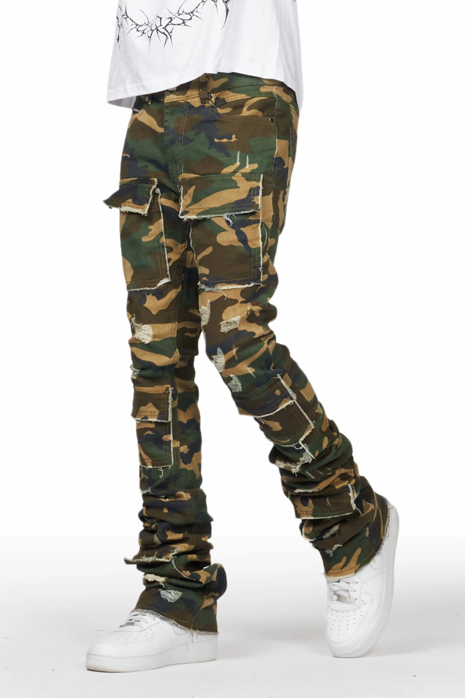 Piet Green Camo Cargo Super Stacked Flare Jean