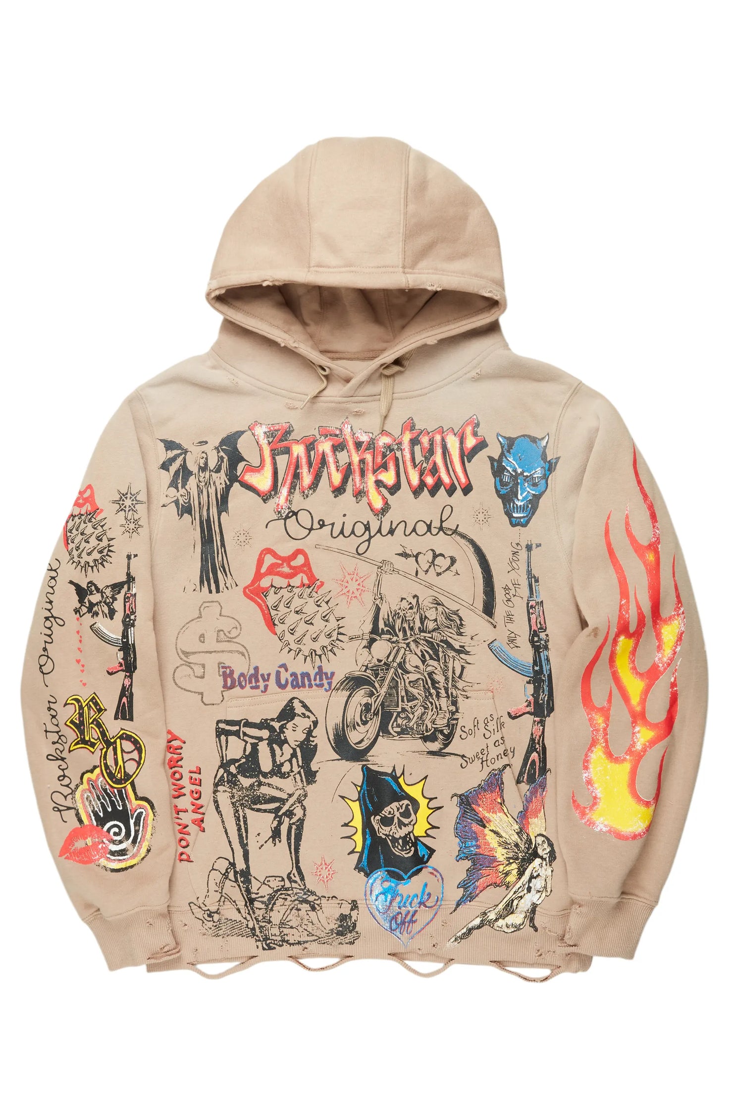 Shoota Beige Distressed Graphic Hoodie