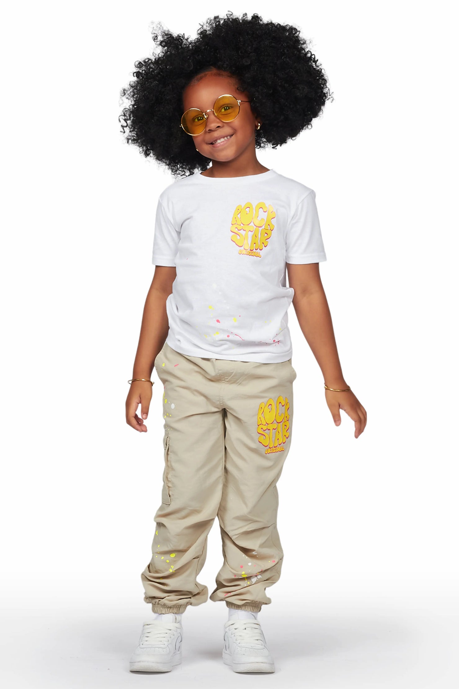 Girls Racha White/Beige T-Shirt Cargo Jogger Set