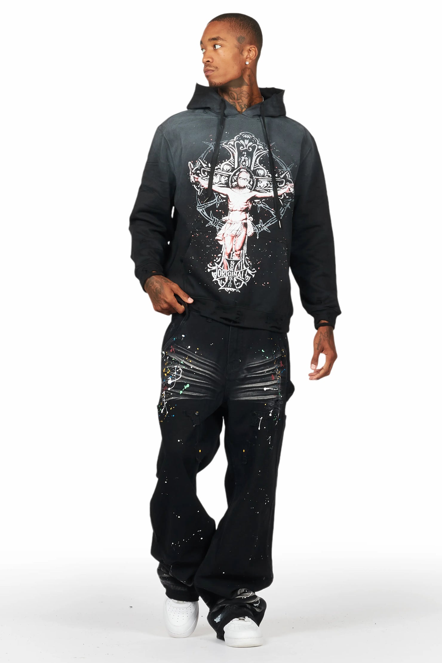 Ojas Black Graphic Distressed Hoodie