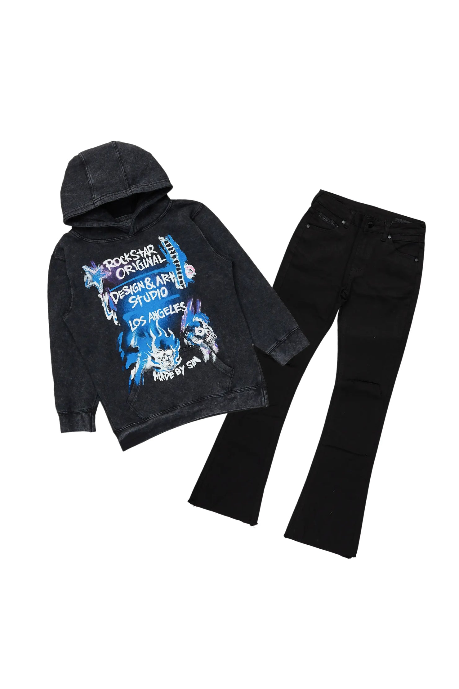 Boys Soweto Vintage Black Hoodie/Stacked Flare Jean Set