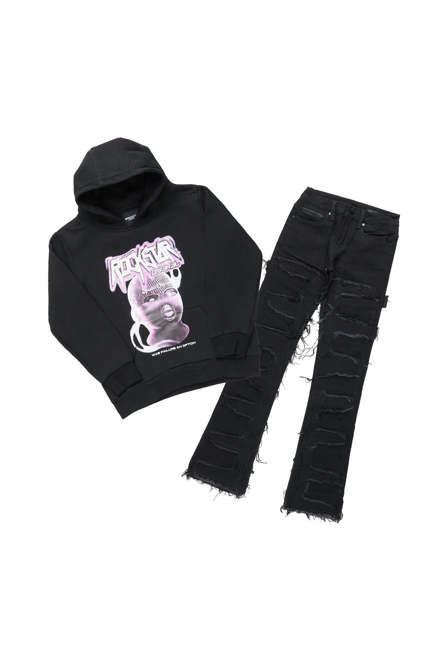 Boys Chaser Black Hoodie/Super Stacked Flare Jean Set