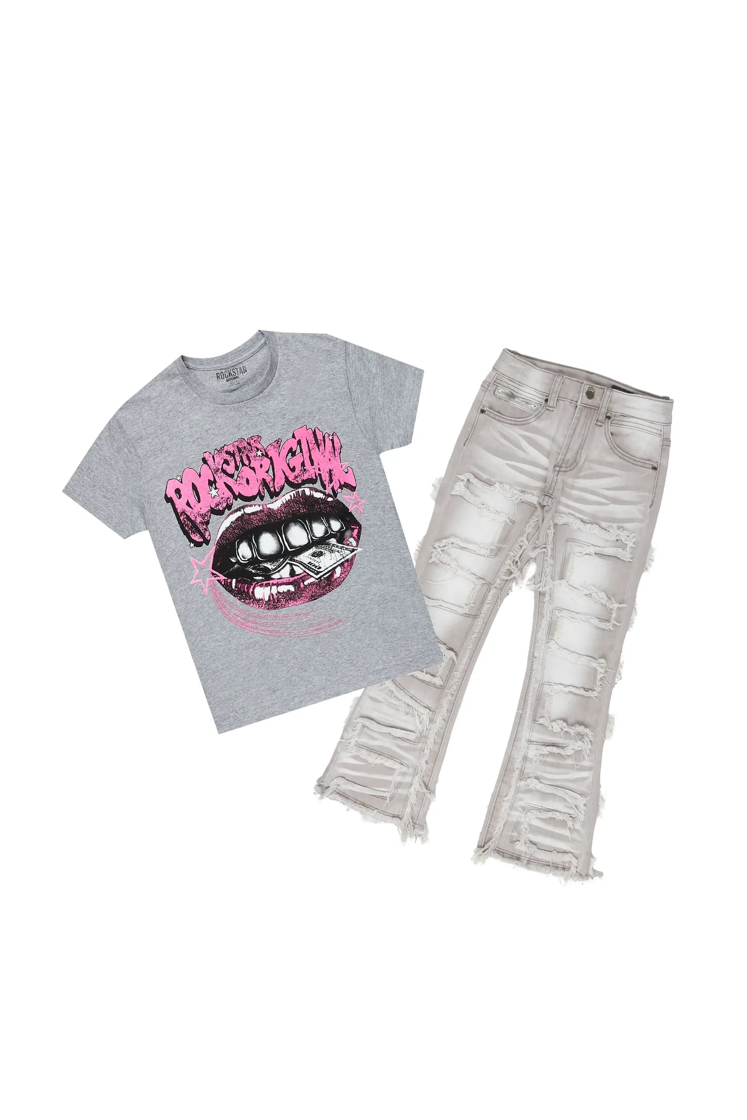 Girls Rosie Grey T-Shirt/Stacked Flare Jean Set