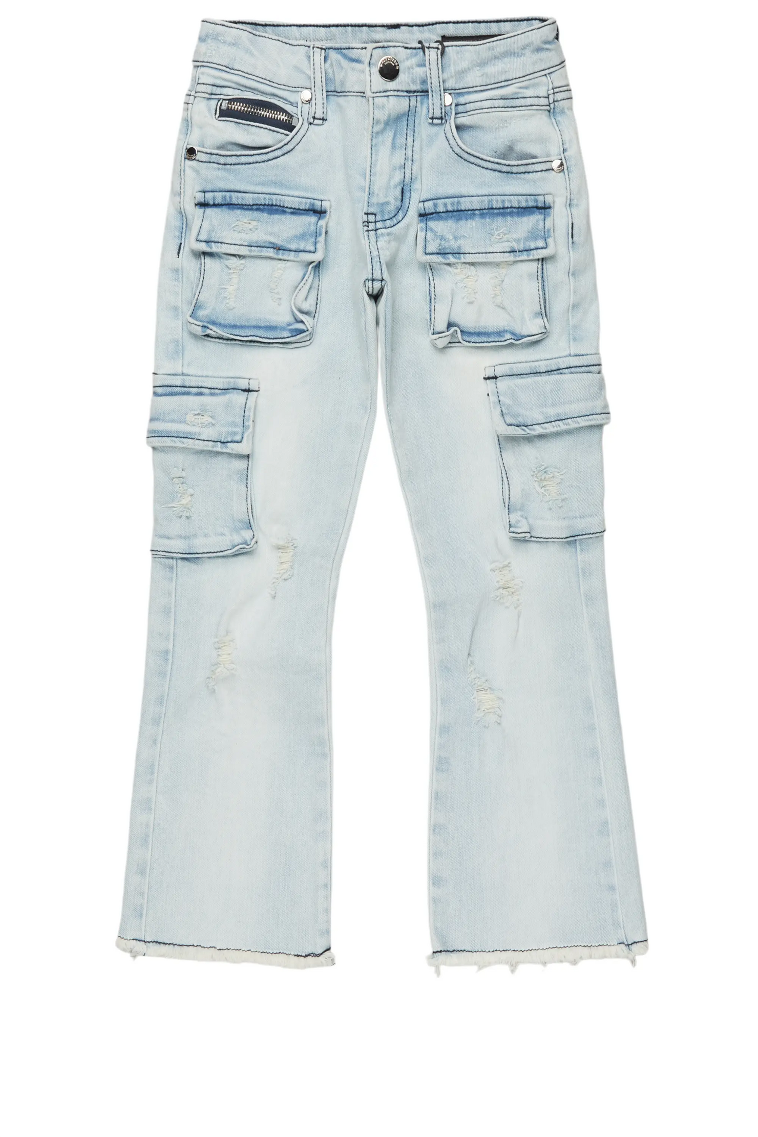 Boys Sterling Blue Fringe Stacked Flared Cargo Jean