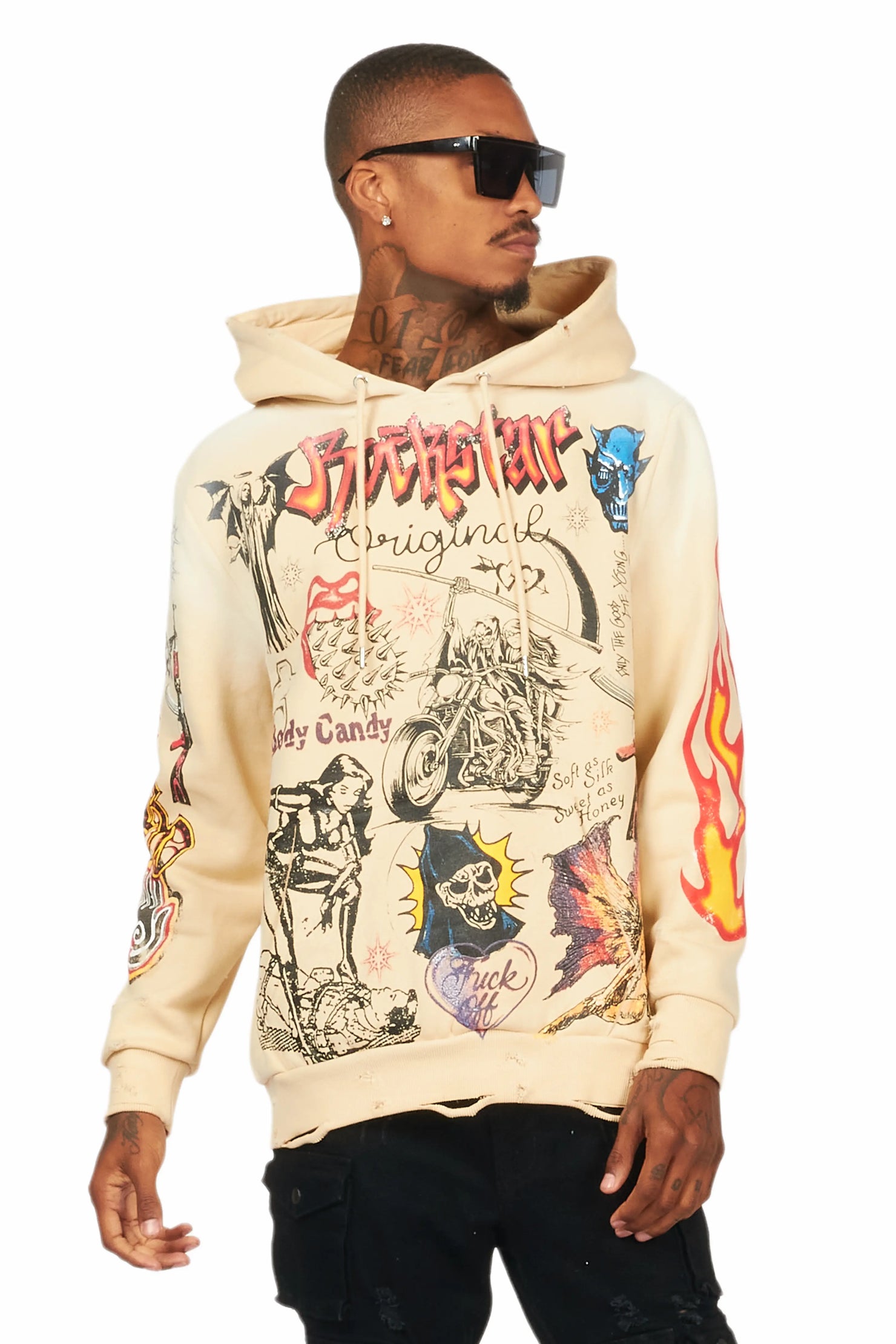 Shoota Beige Distressed Graphic Hoodie