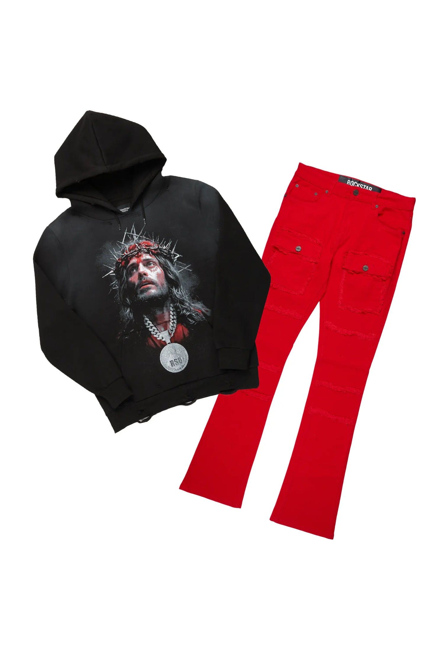 Amina Black/Red Hoodie/Stacked Flare Cargo Jean Bundle