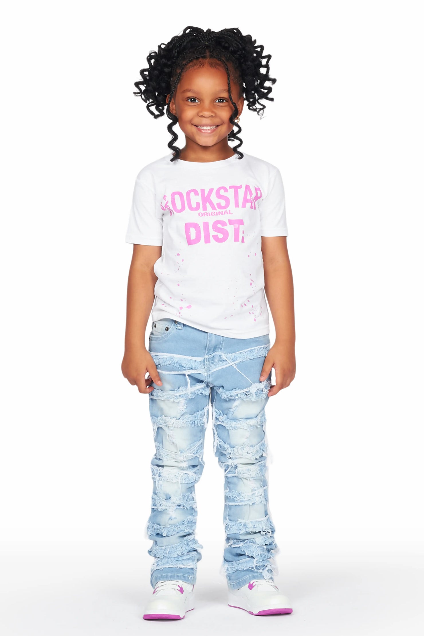 Girls Helia White/Blue T-Shirt/Stacked Flare Jean Set