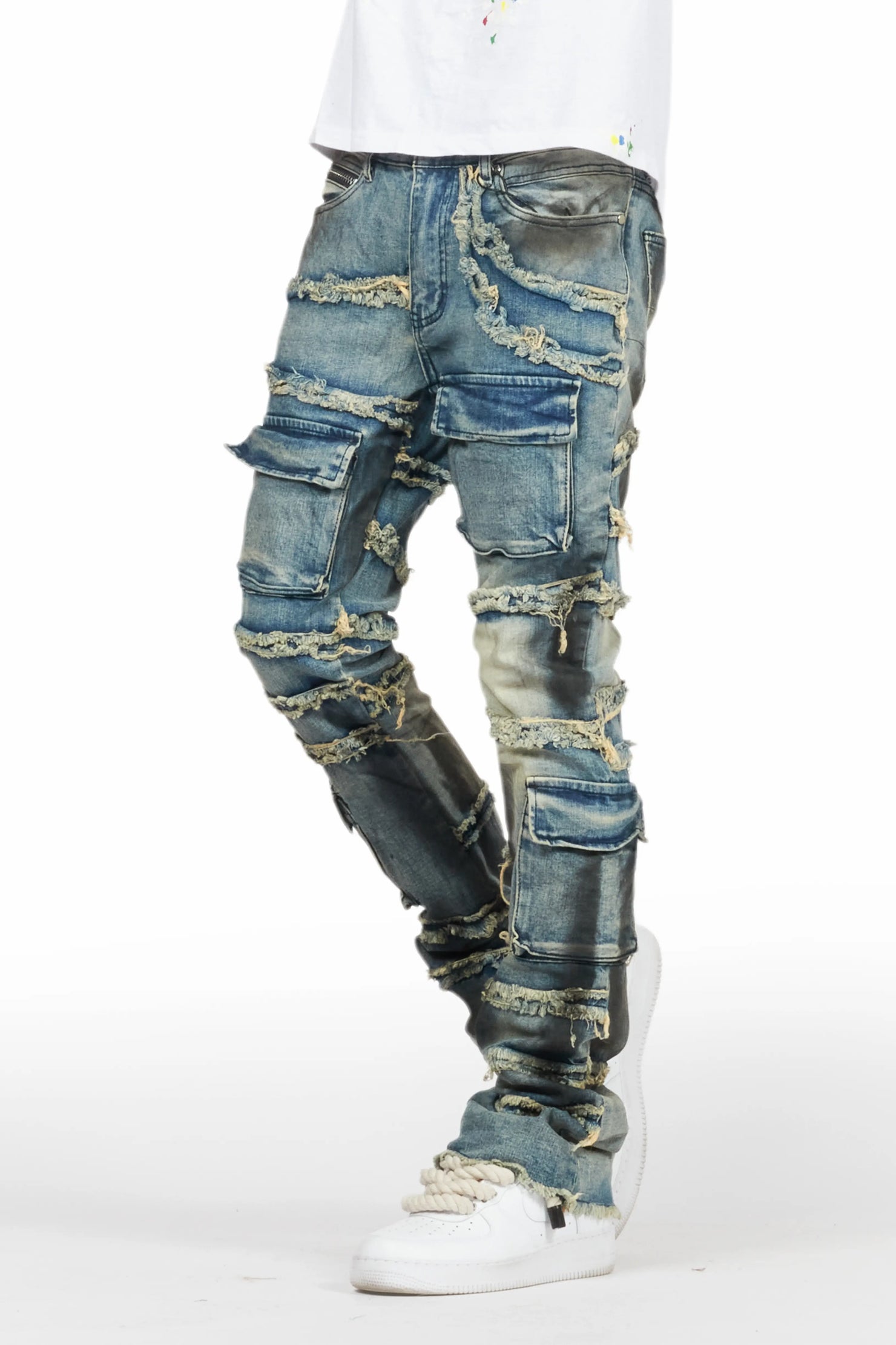 Yves Blue Stacked Flare Cargo Jean