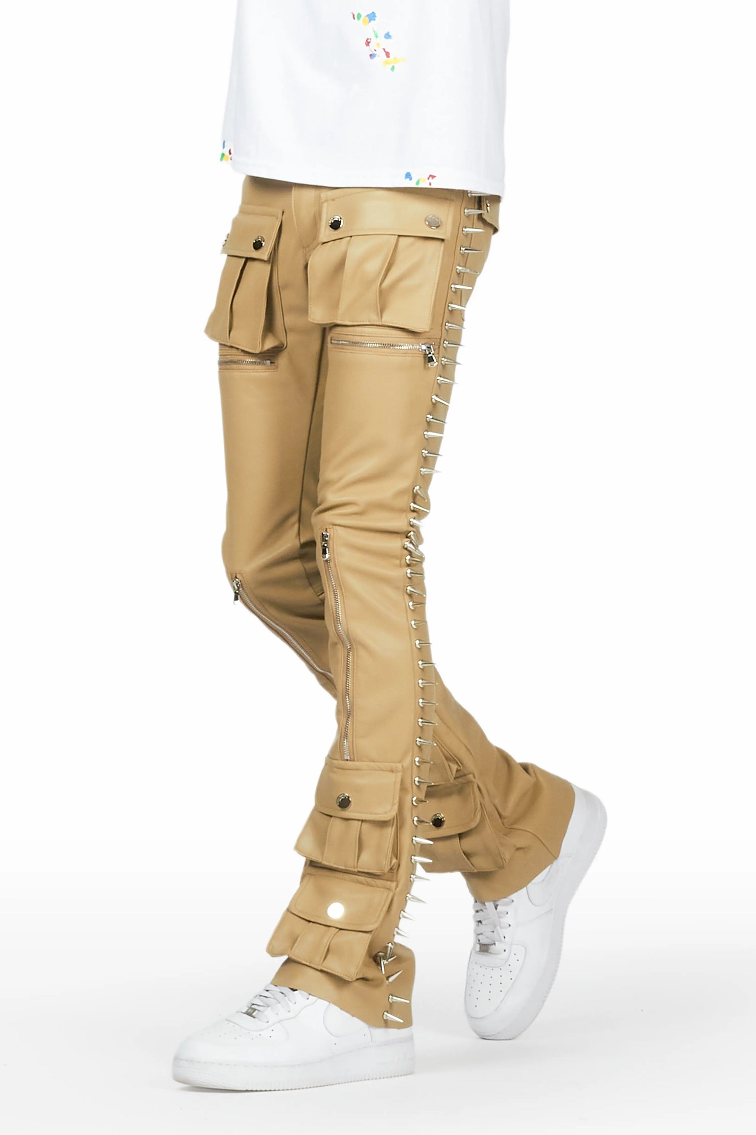 Leopold Beige PU Stacked Flare Jean