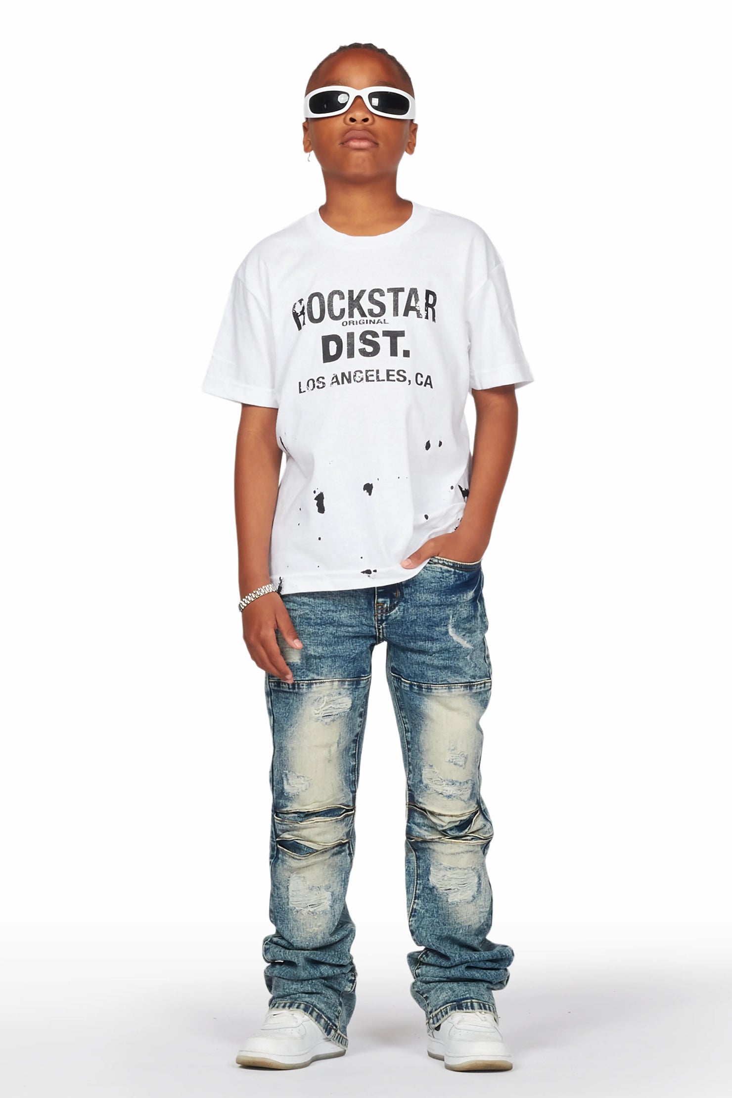 Boys Yasir White/Vintage T-Shirt/Stacked Flare Jean Set