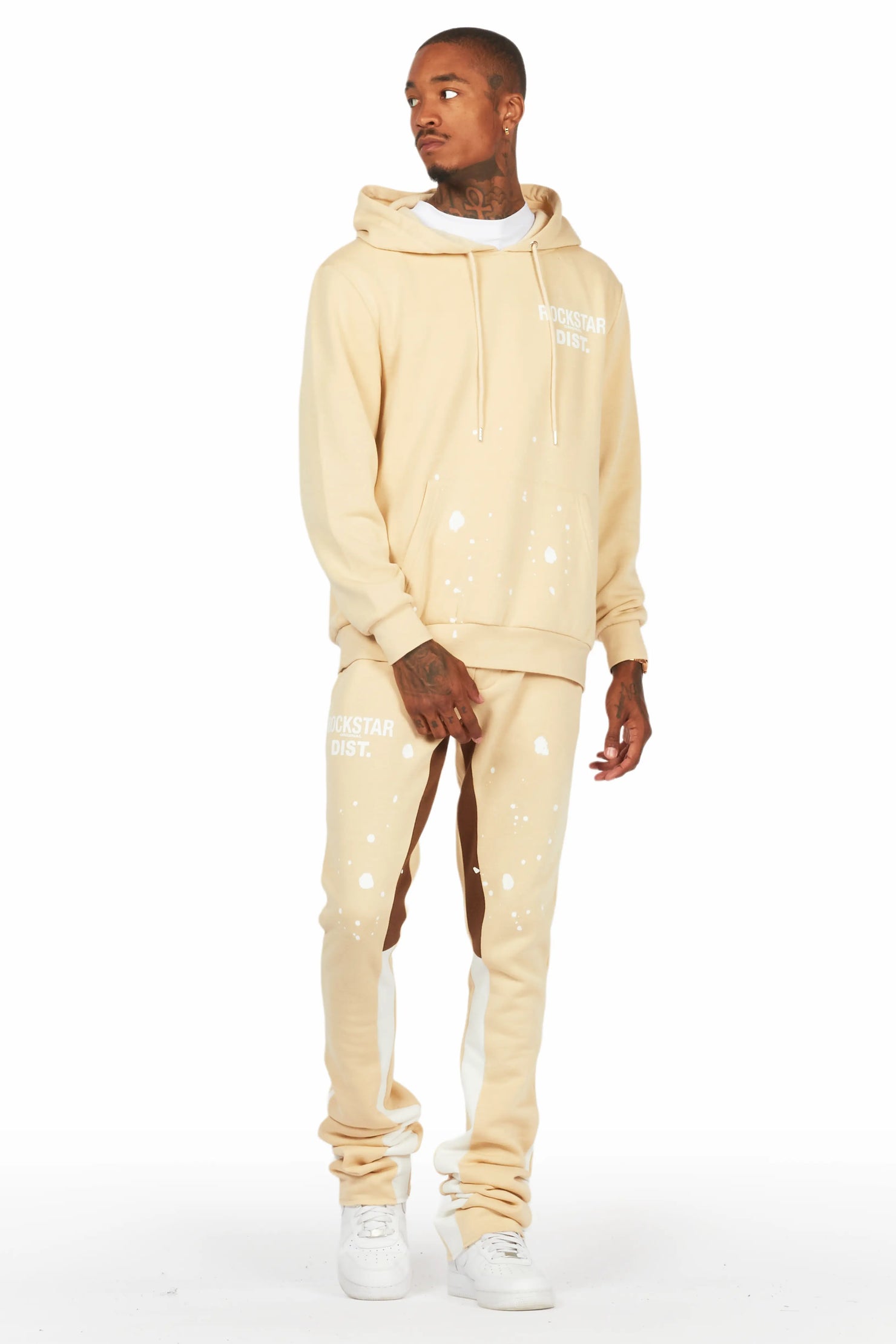 Raffer Beige/White Hoodie/Super Stacked Flare Pant Set