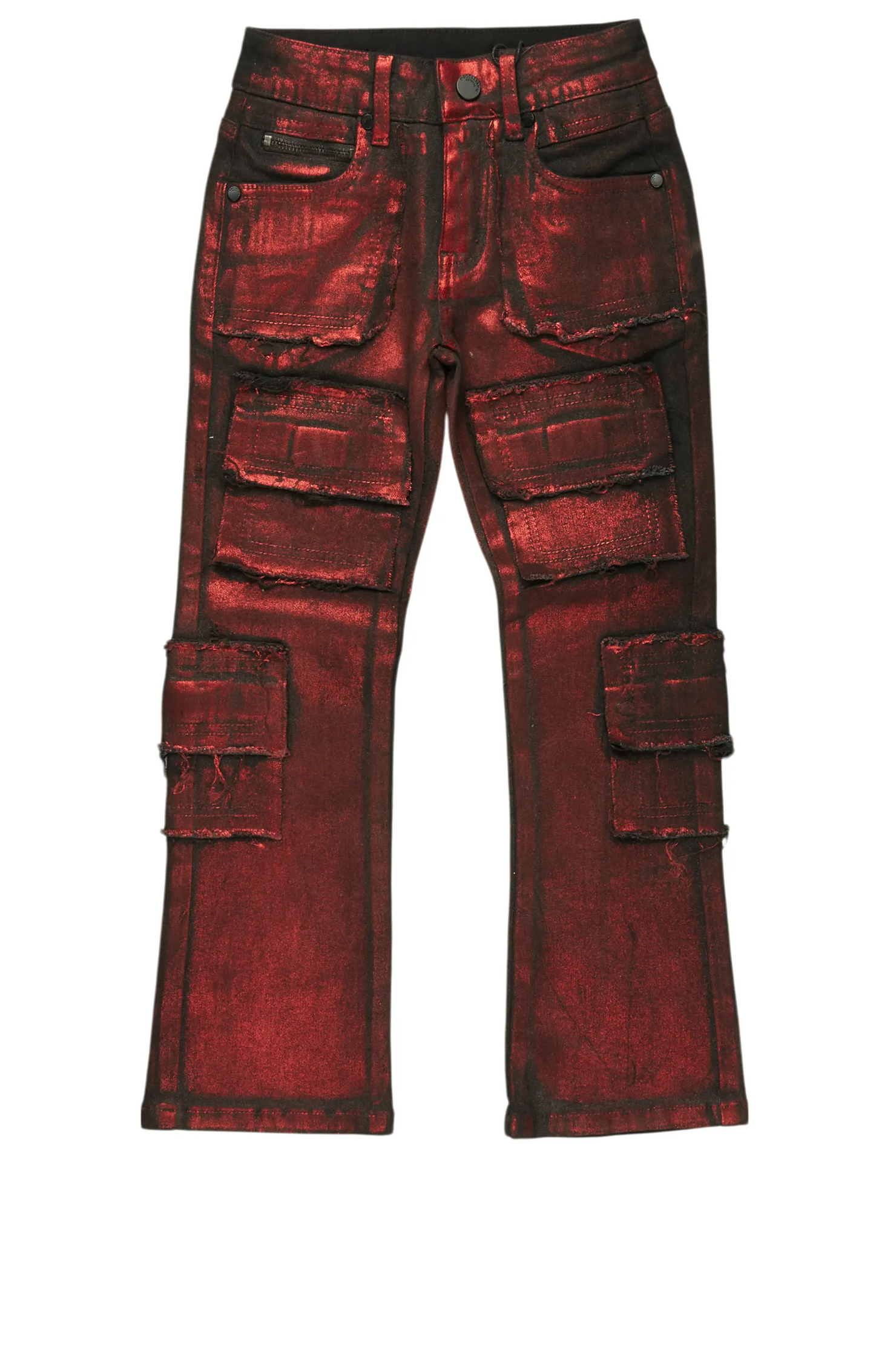 Boys Tyrell Red Metallic Coated Stacked Flare Jean