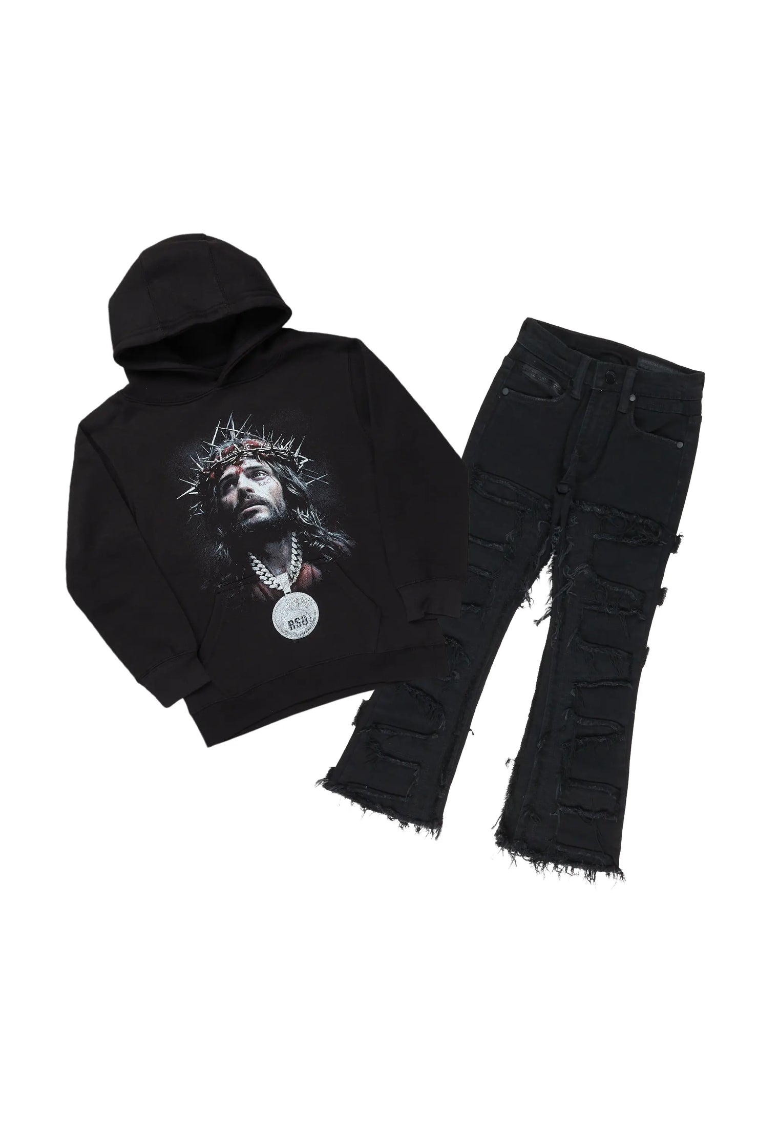 Boys Amina Black Hoodie/Stacked Flare Jean Set