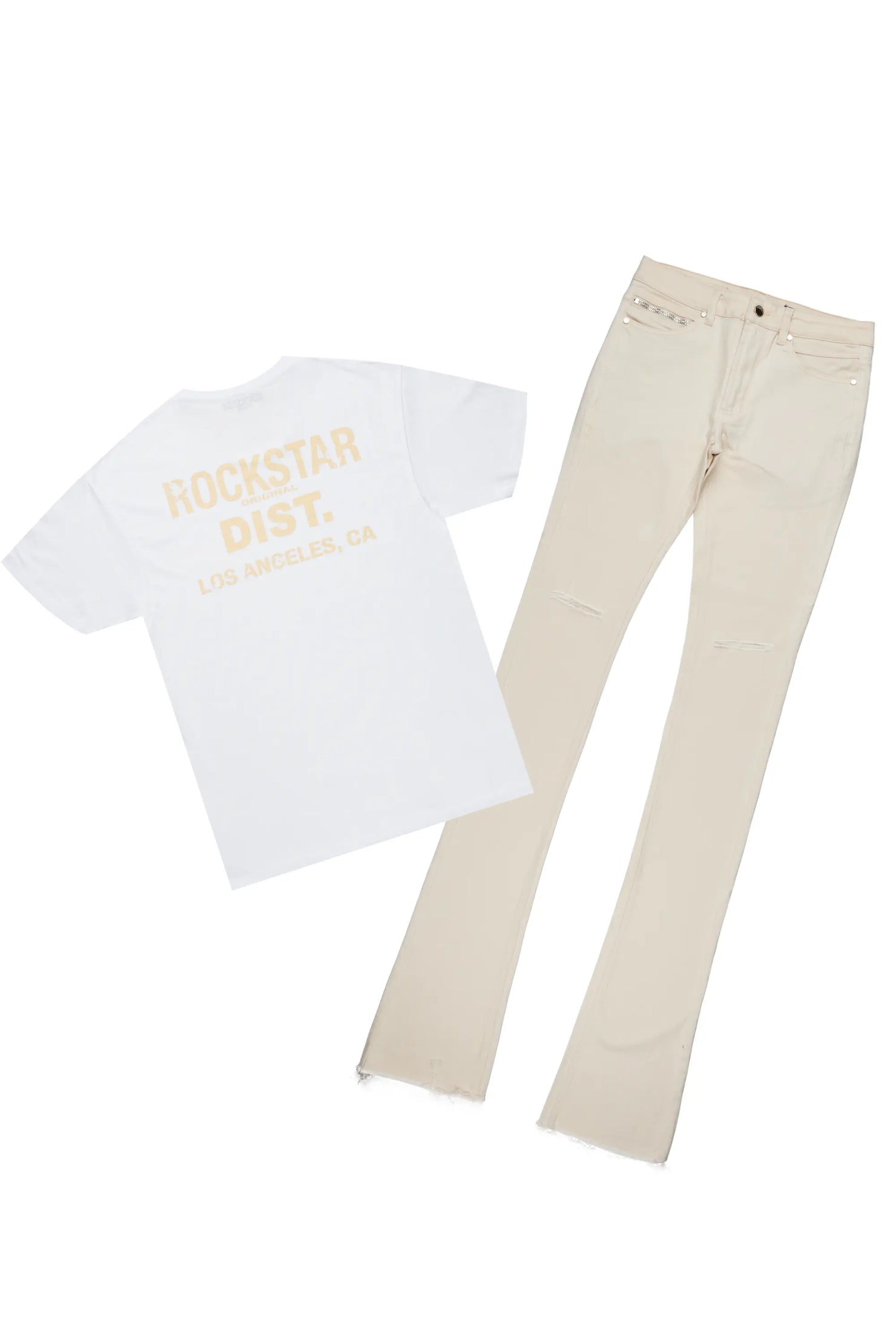 Lake White T-Shirt & Josiah Beige Super Stacked Flare Jean Bundle