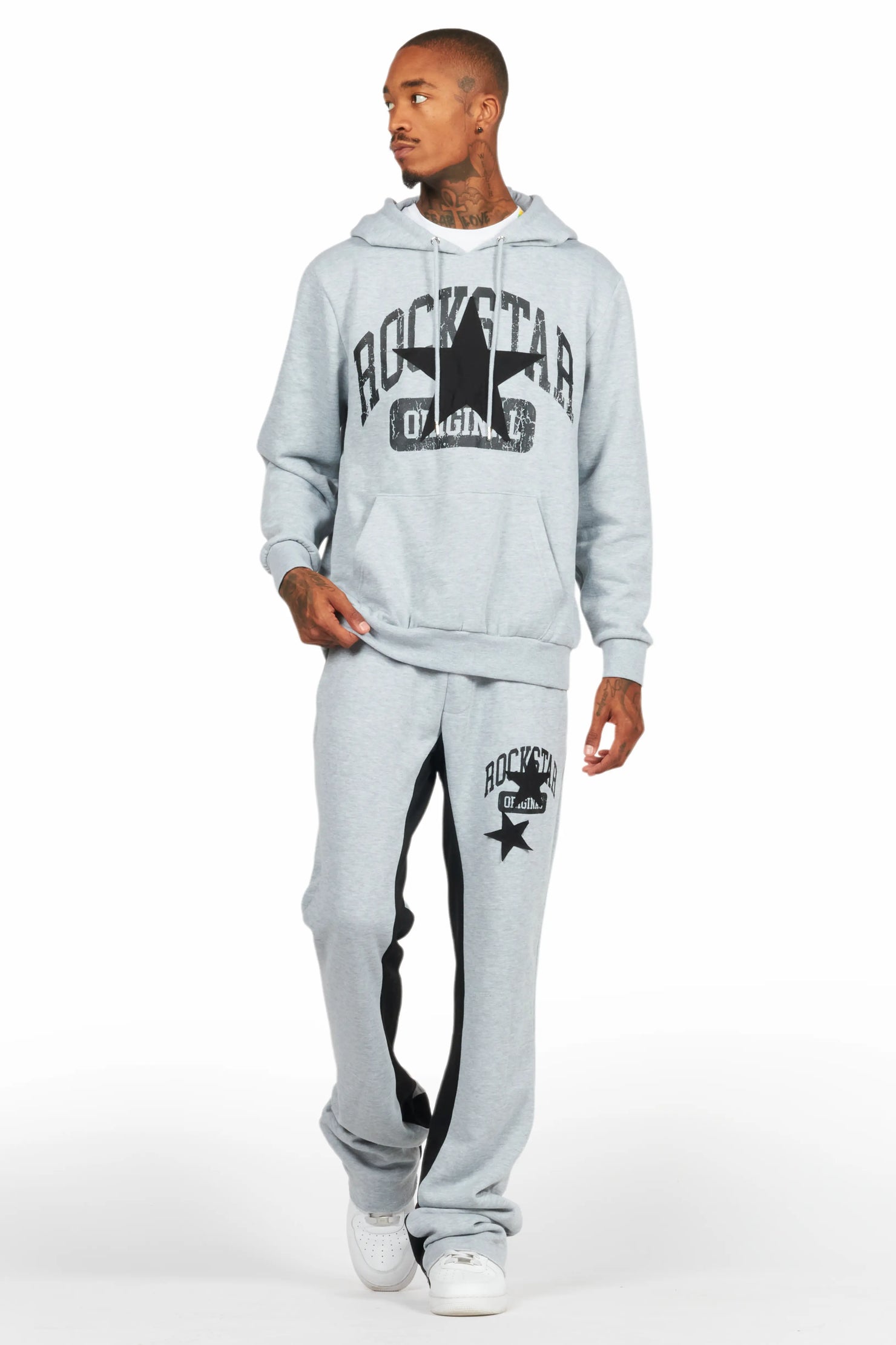 Mallor Heather Grey Baggy Stacked Hoodie Track Set