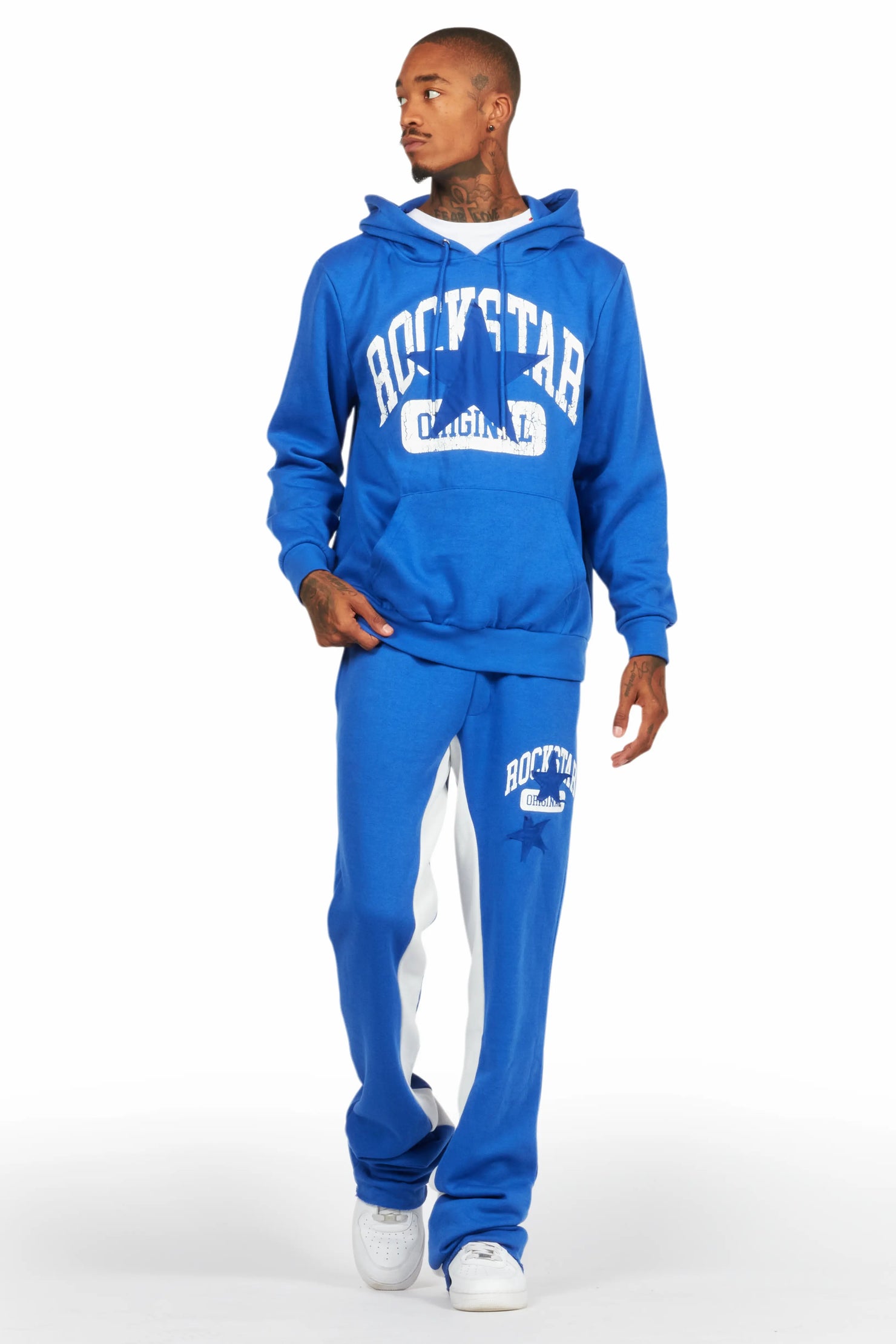 Mallor Royal Blue Baggy Stacked Hoodie Track Set