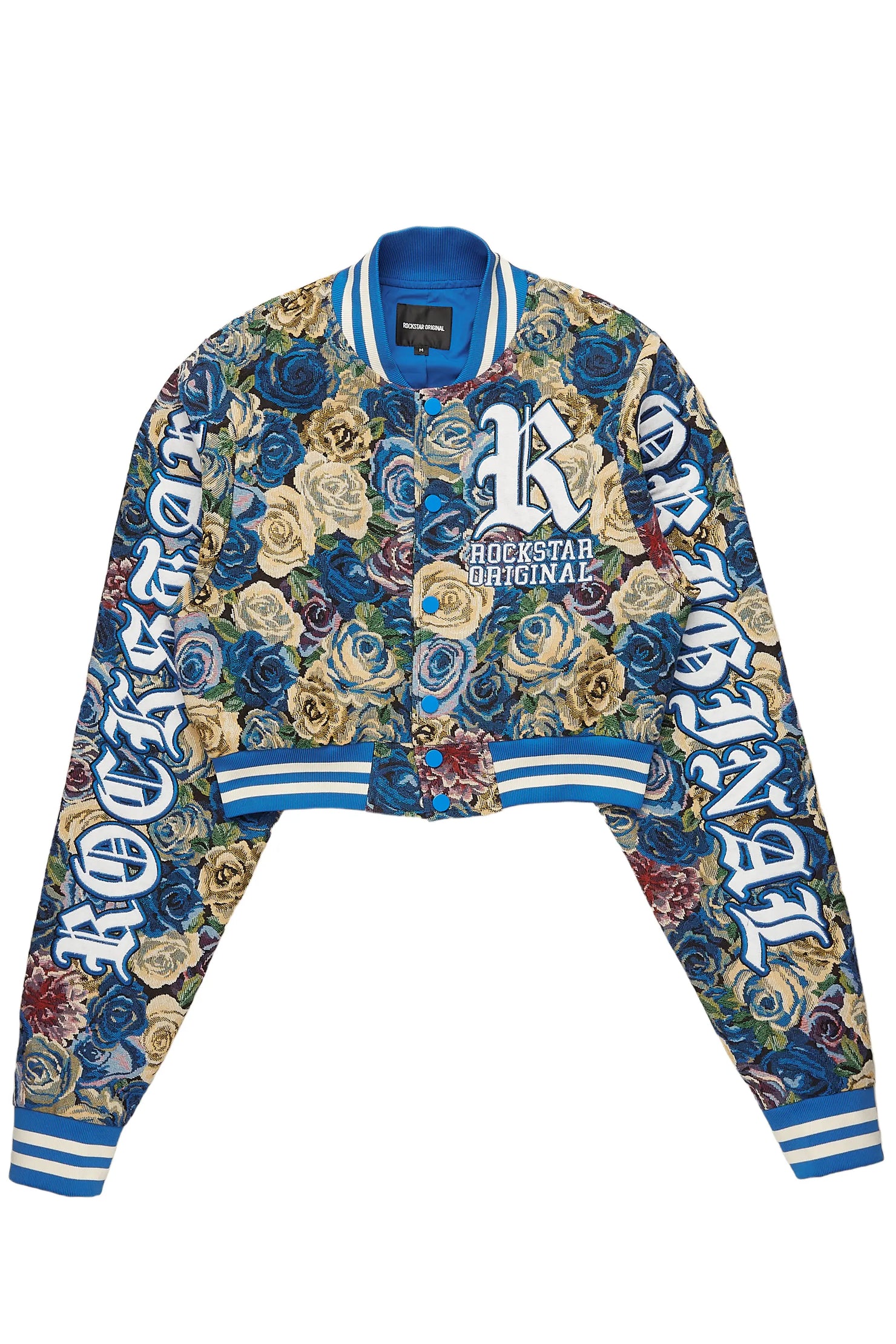 Kyiori Blue Crop Tapestry Varsity Jacket